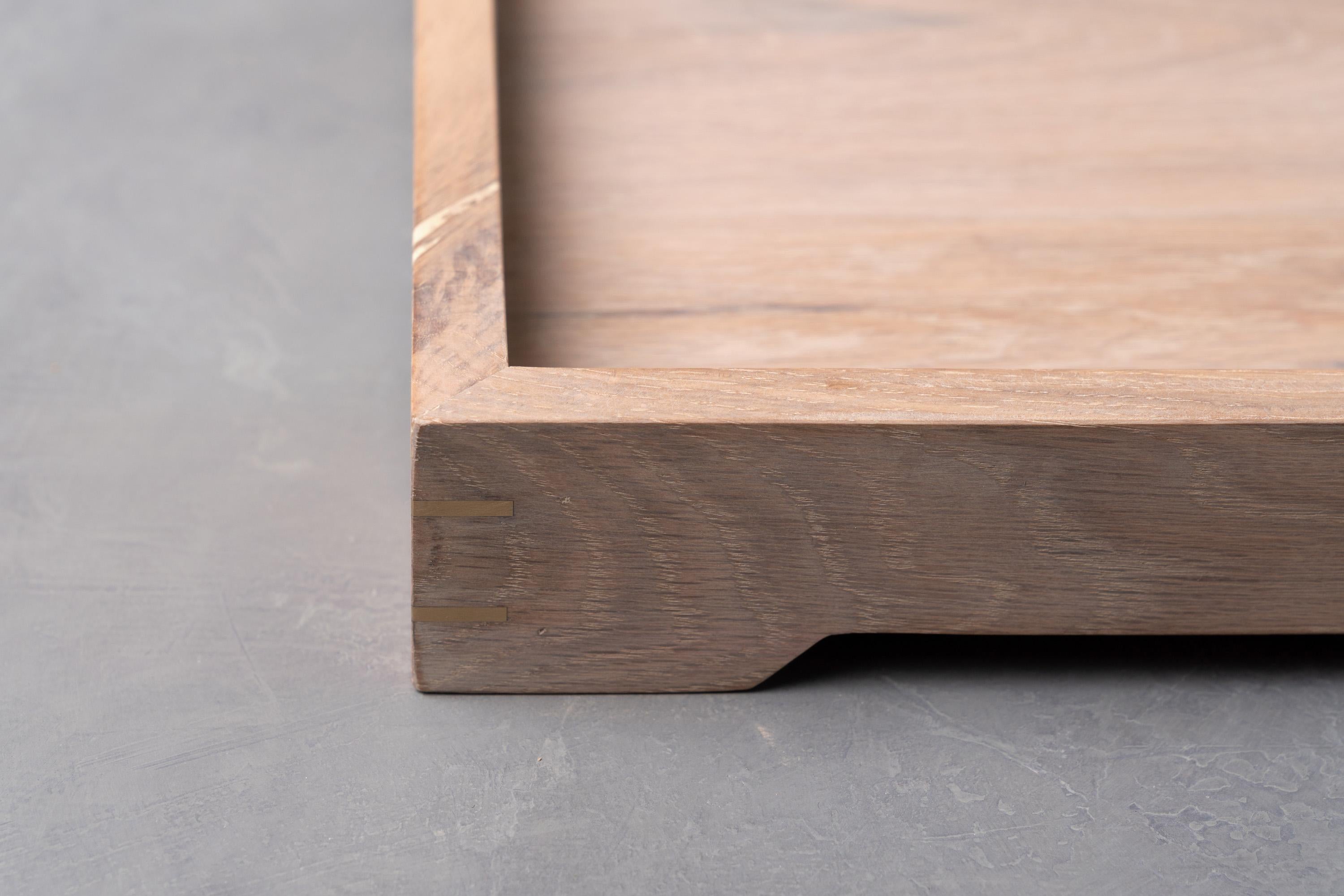 Modern Solid White Oak Tray with White Driftwood Finish and Brass Details For Sale