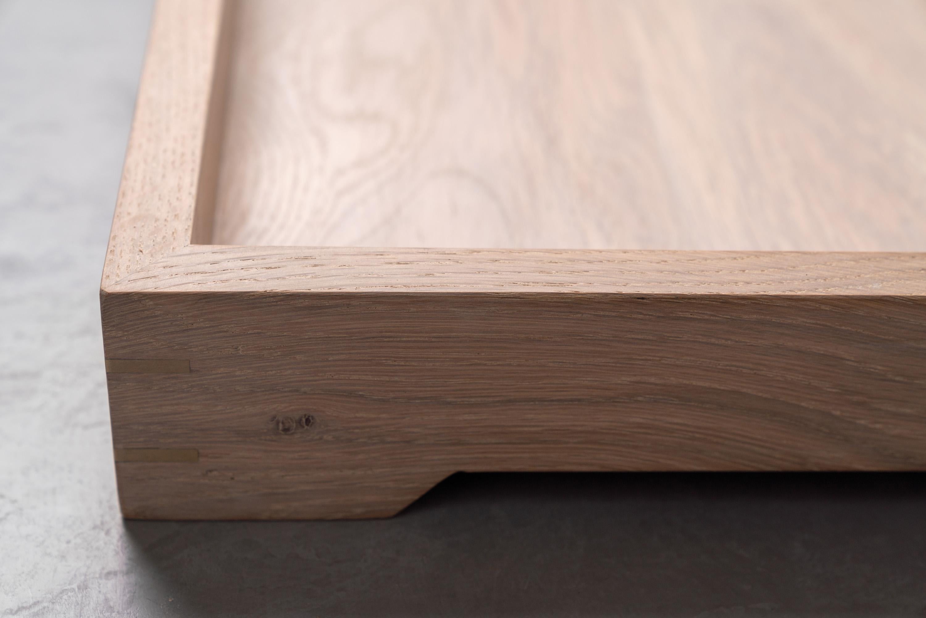 Woodwork Solid White Oak Tray with White Driftwood Finish and Brass Details For Sale