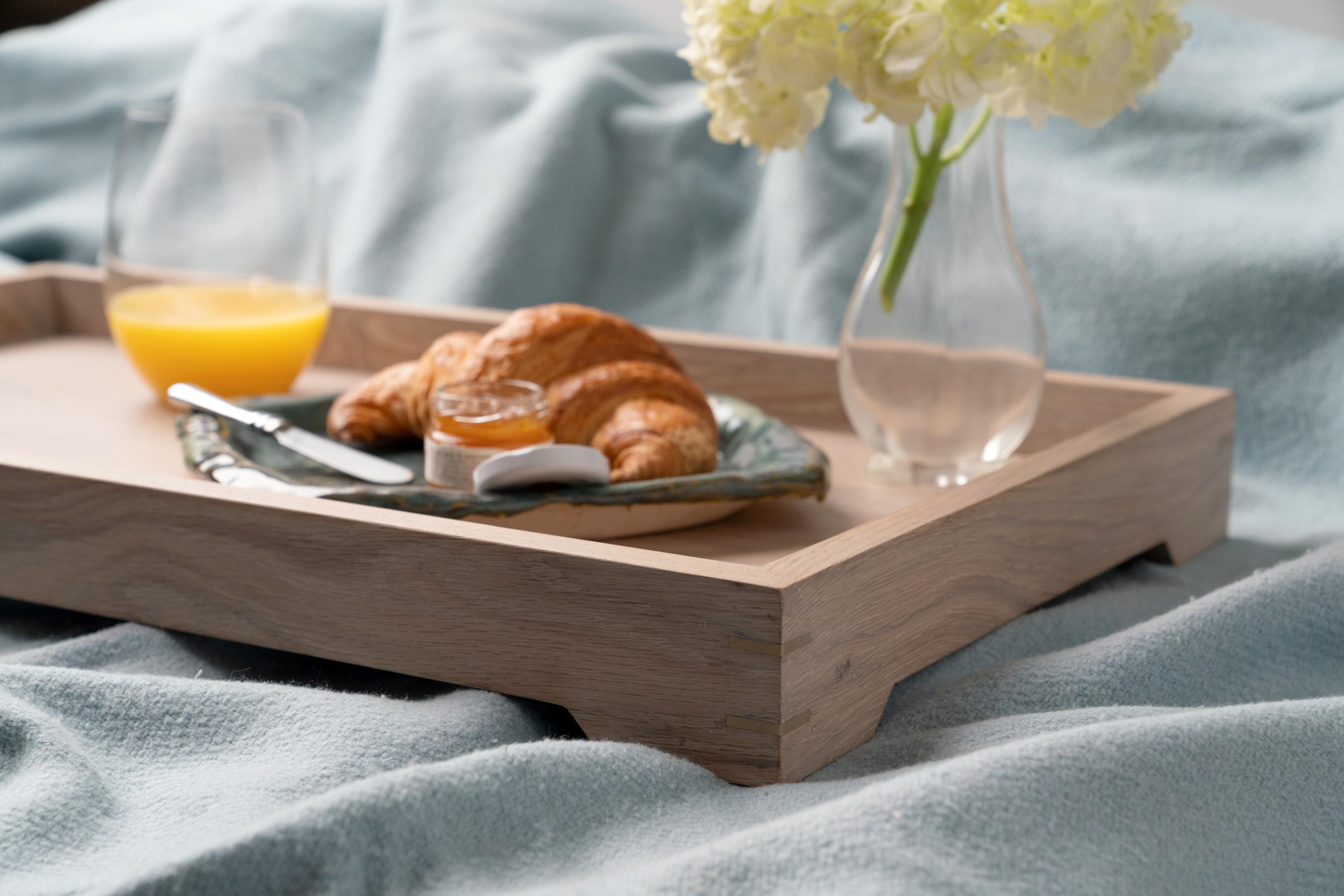 Contemporary Solid White Oak Tray with White Driftwood Finish and Brass Details For Sale