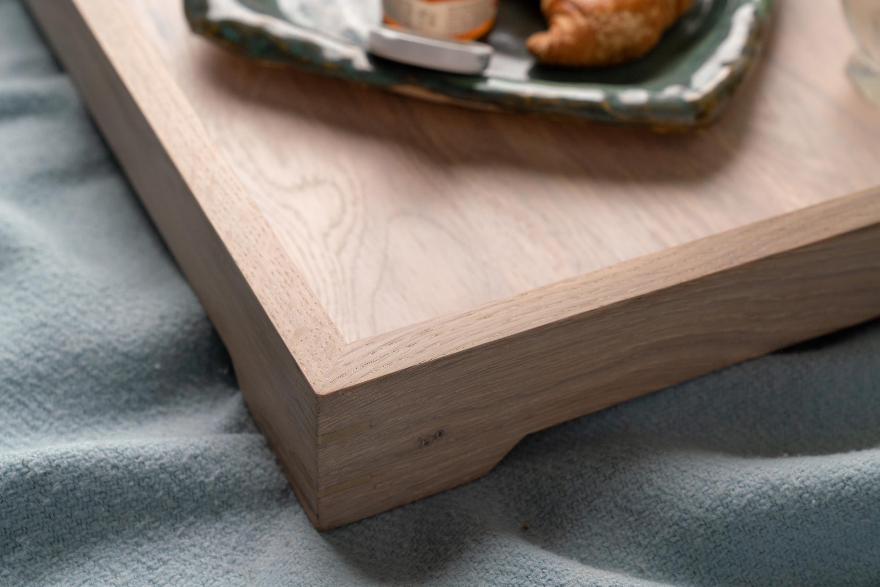 Solid White Oak Tray with White Driftwood Finish and Brass Details For Sale 1