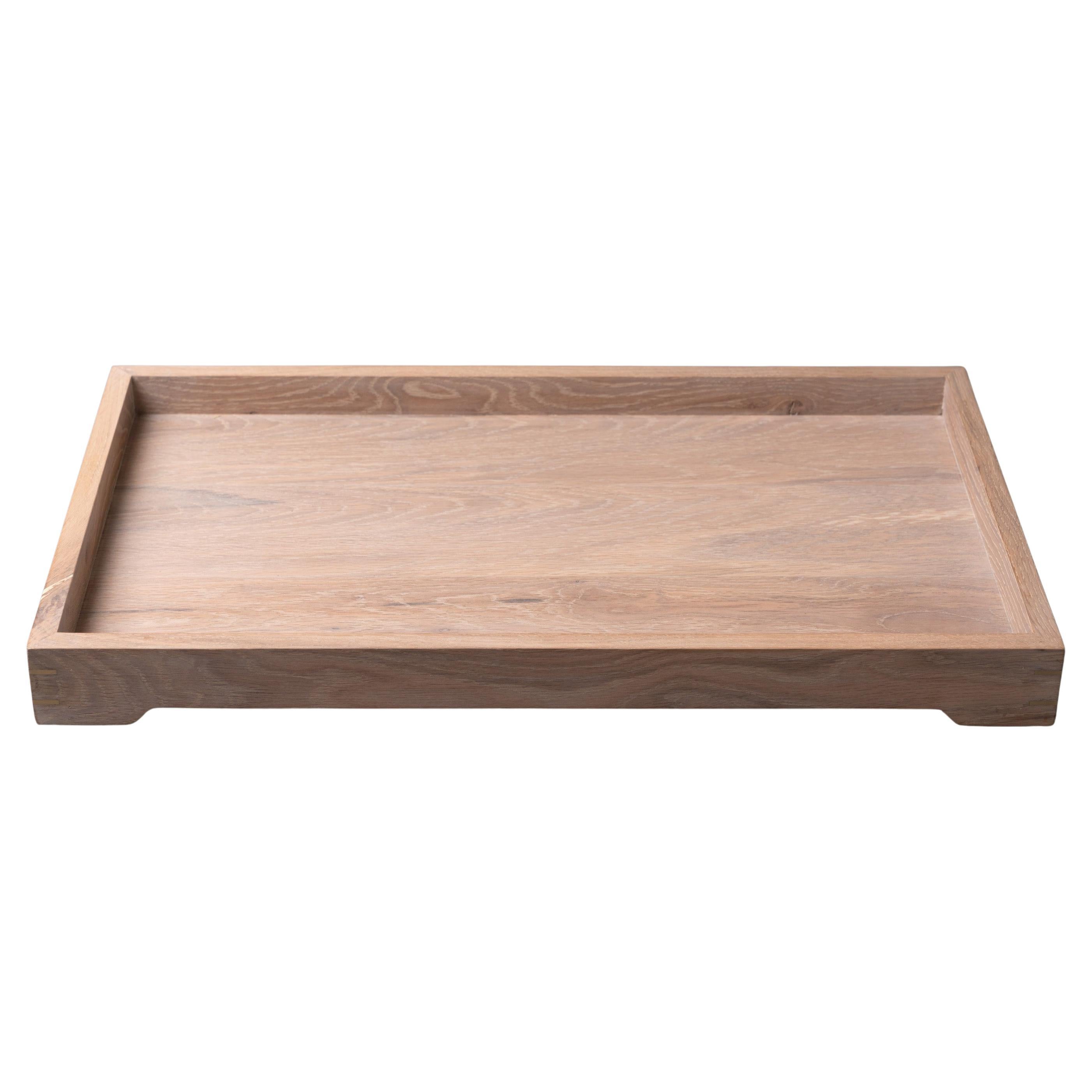 Solid White Oak Tray with White Driftwood Finish and Brass Details For Sale