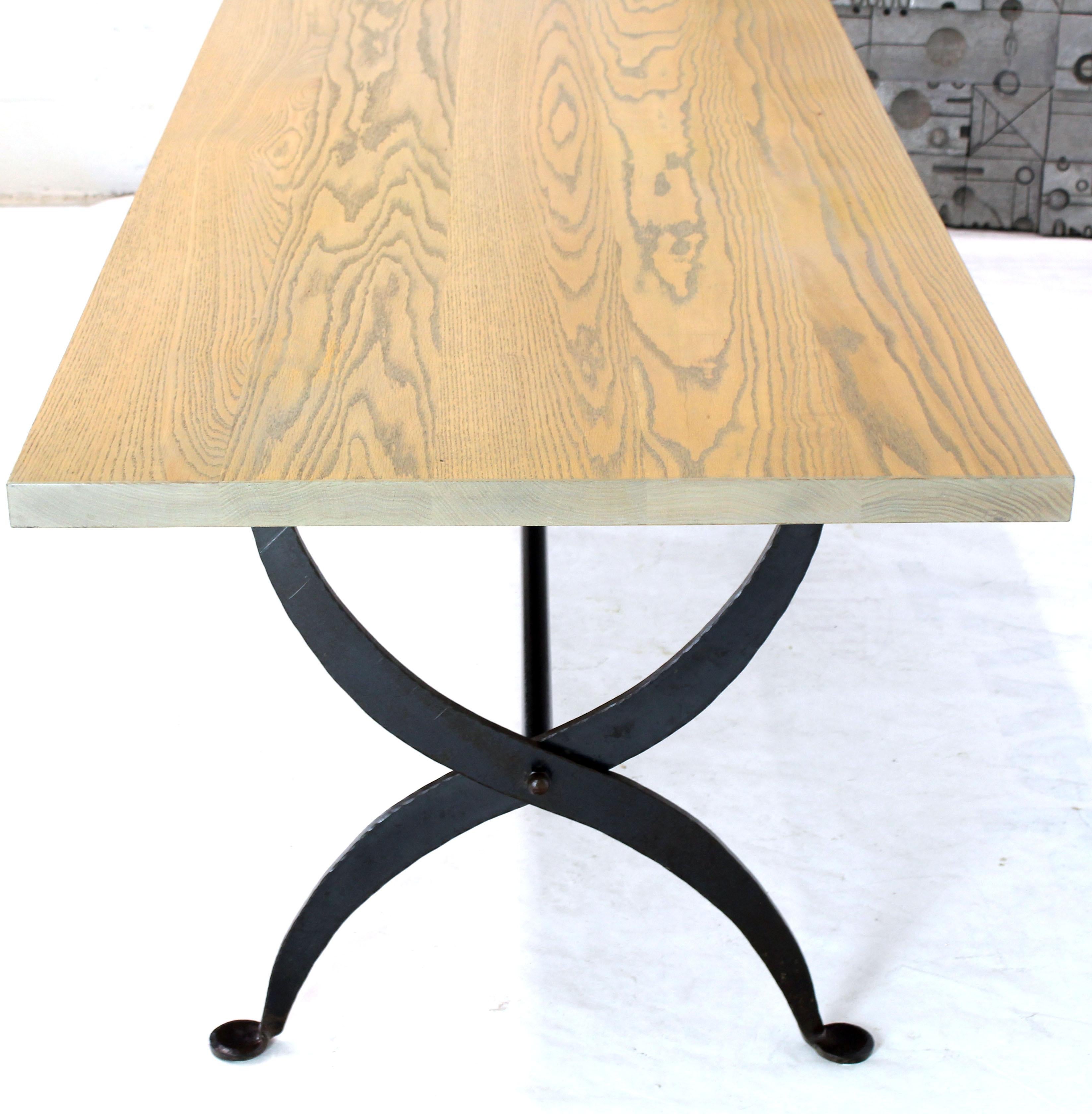 Unknown Solid White Wash Finish Oak Top Scissor Wrought Iron Base Harvest Dining Table For Sale