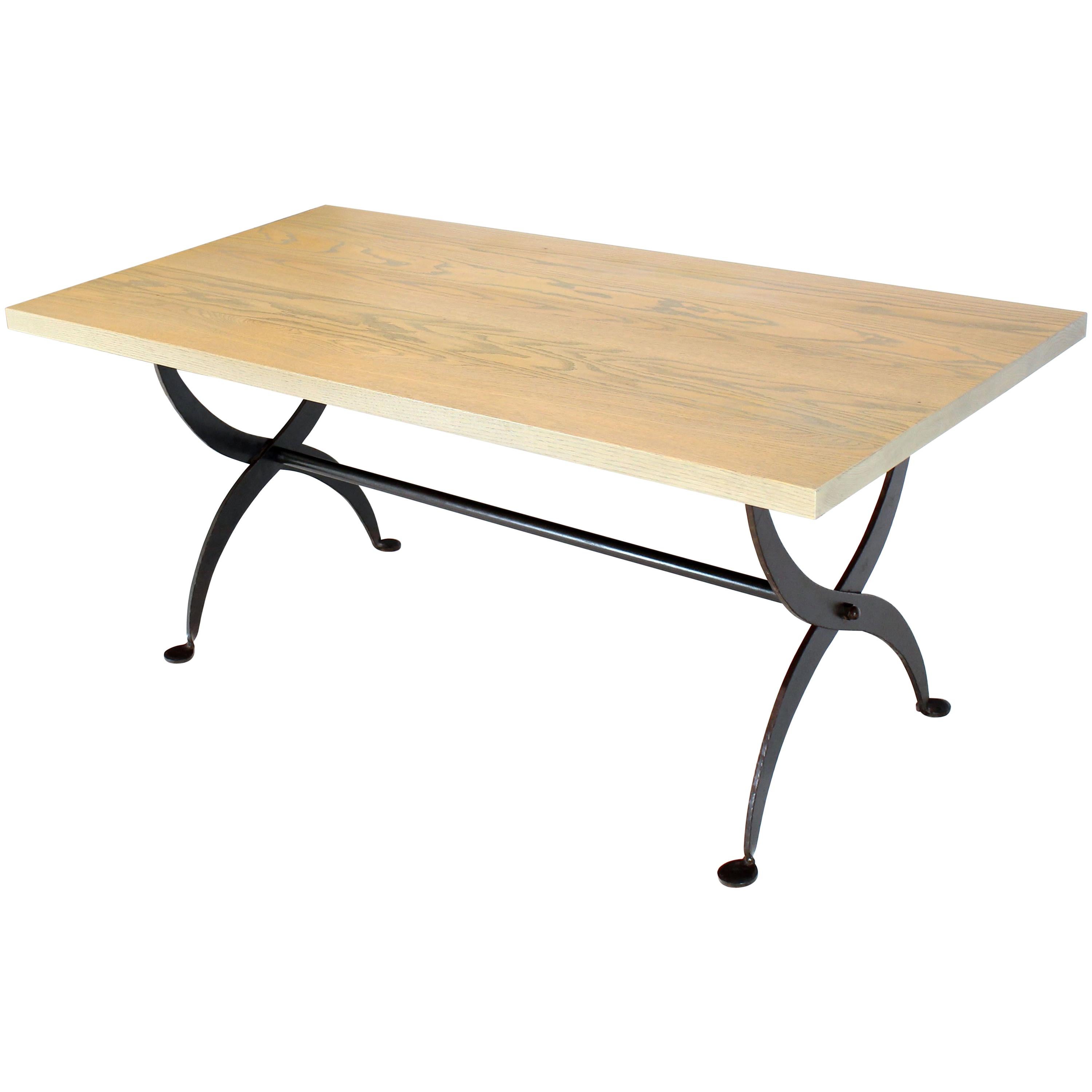 Solid White Wash Finish Oak Top Scissor Wrought Iron Base Harvest Dining Table