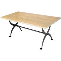 Used Solid White Wash Finish Oak Top Scissor Wrought Iron Base Harvest Dining Table