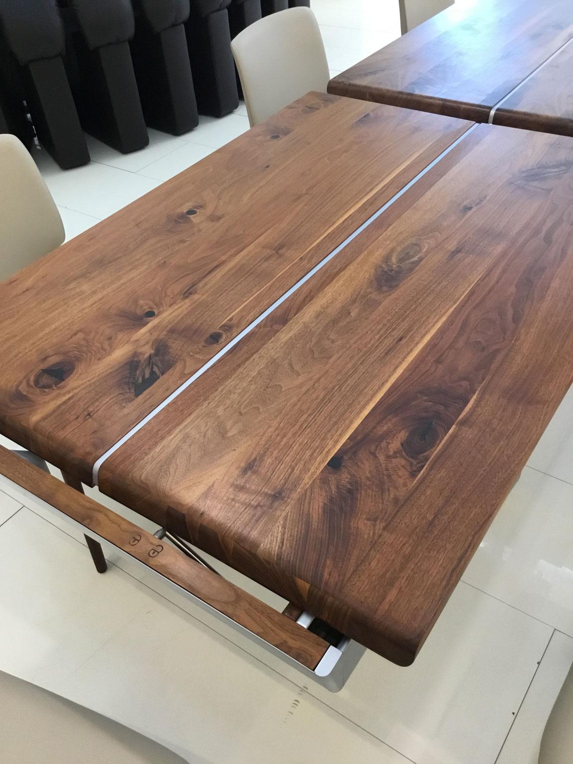 Solid Wild Walnut Wood Extending table Matt Chrome Skid Base 5