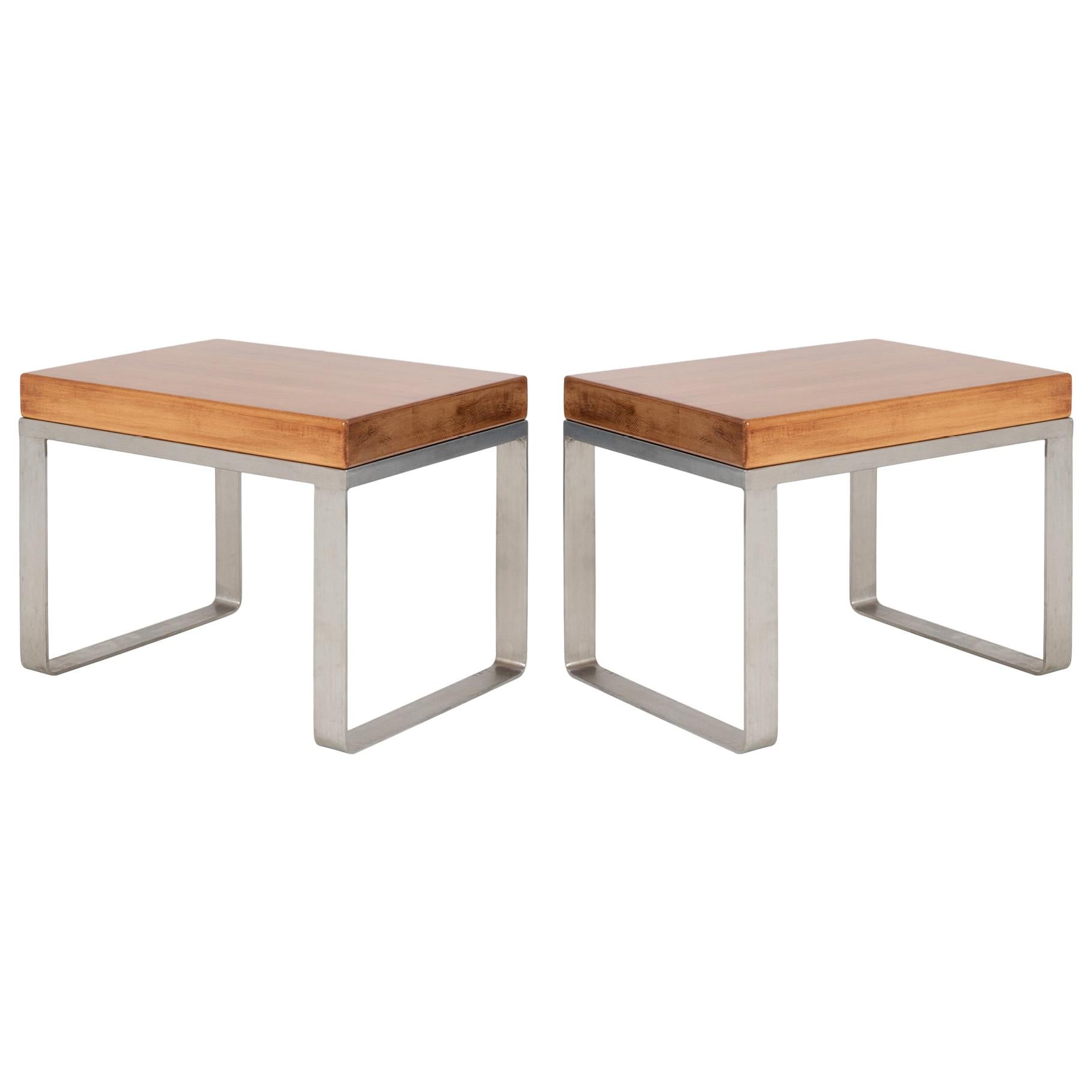 Solid Wood Accent Bench Tables with Steel Bases, Pair For Sale