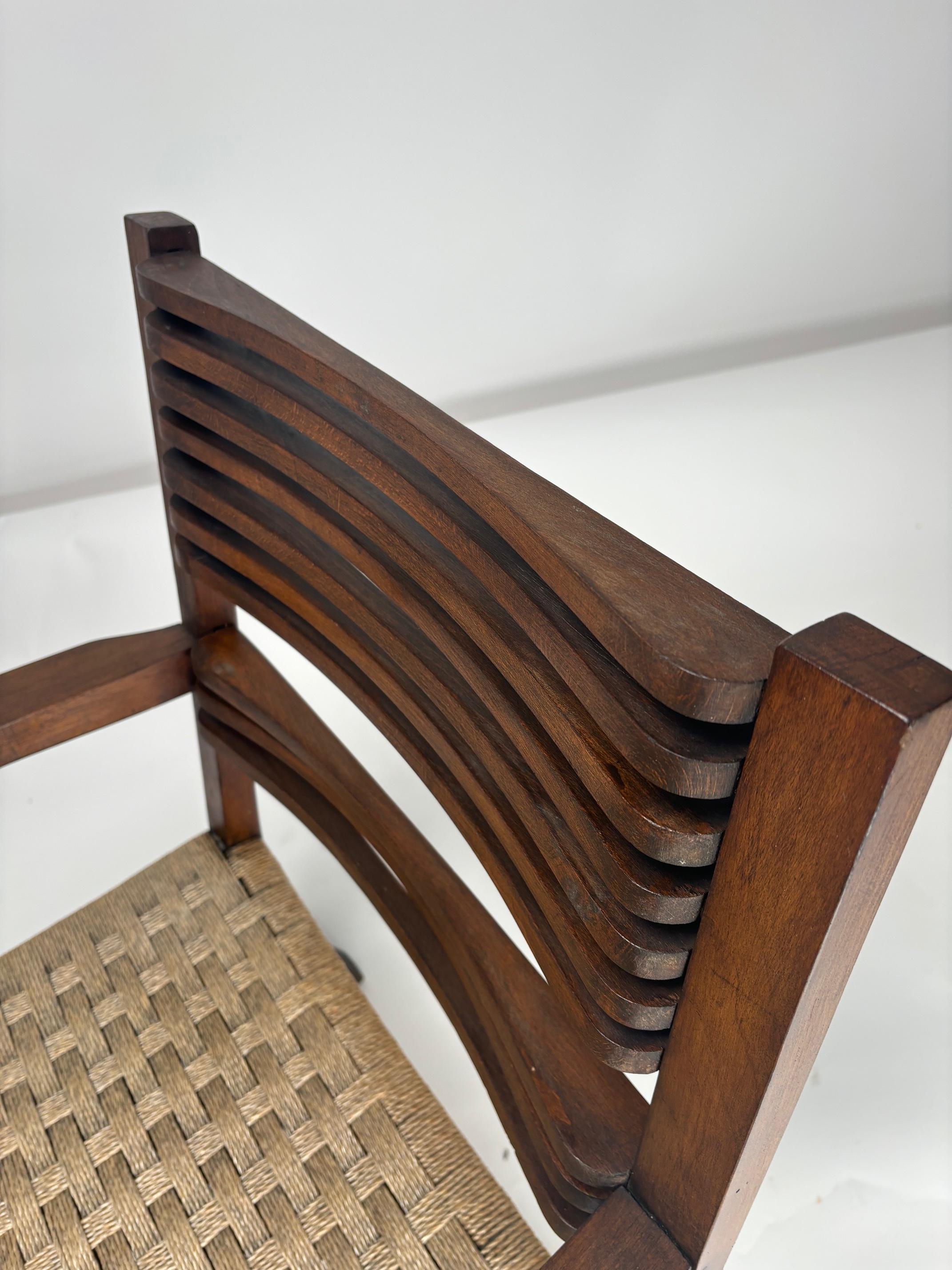 Poltrona in legno massiccio e corda, stile Giuseppe Pagano, Italia, anni '30 in vendita 2