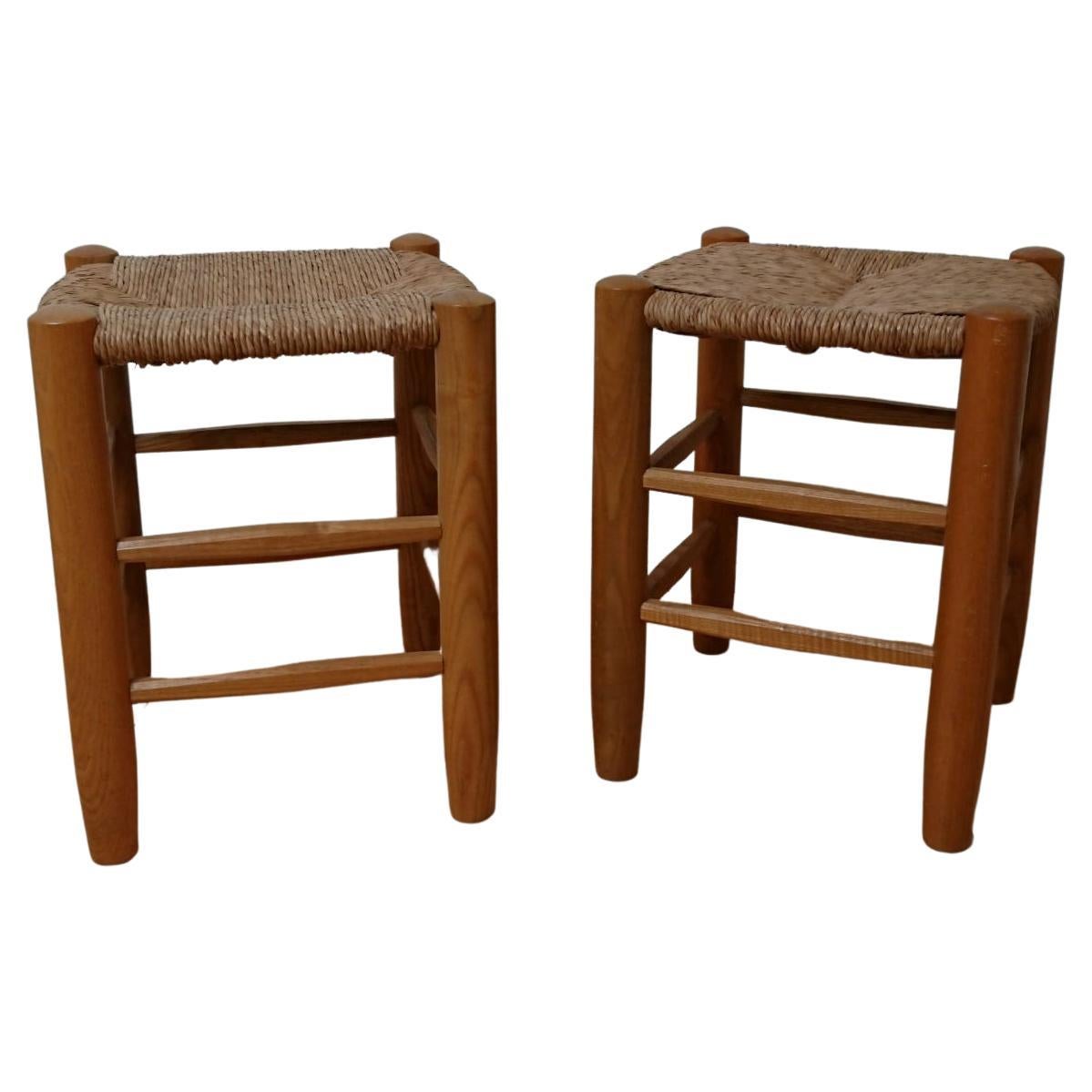 Solid Wood and Rush Stools N゜17 ‘’Bauche’’ Designed Charlotte Perriand For Sale