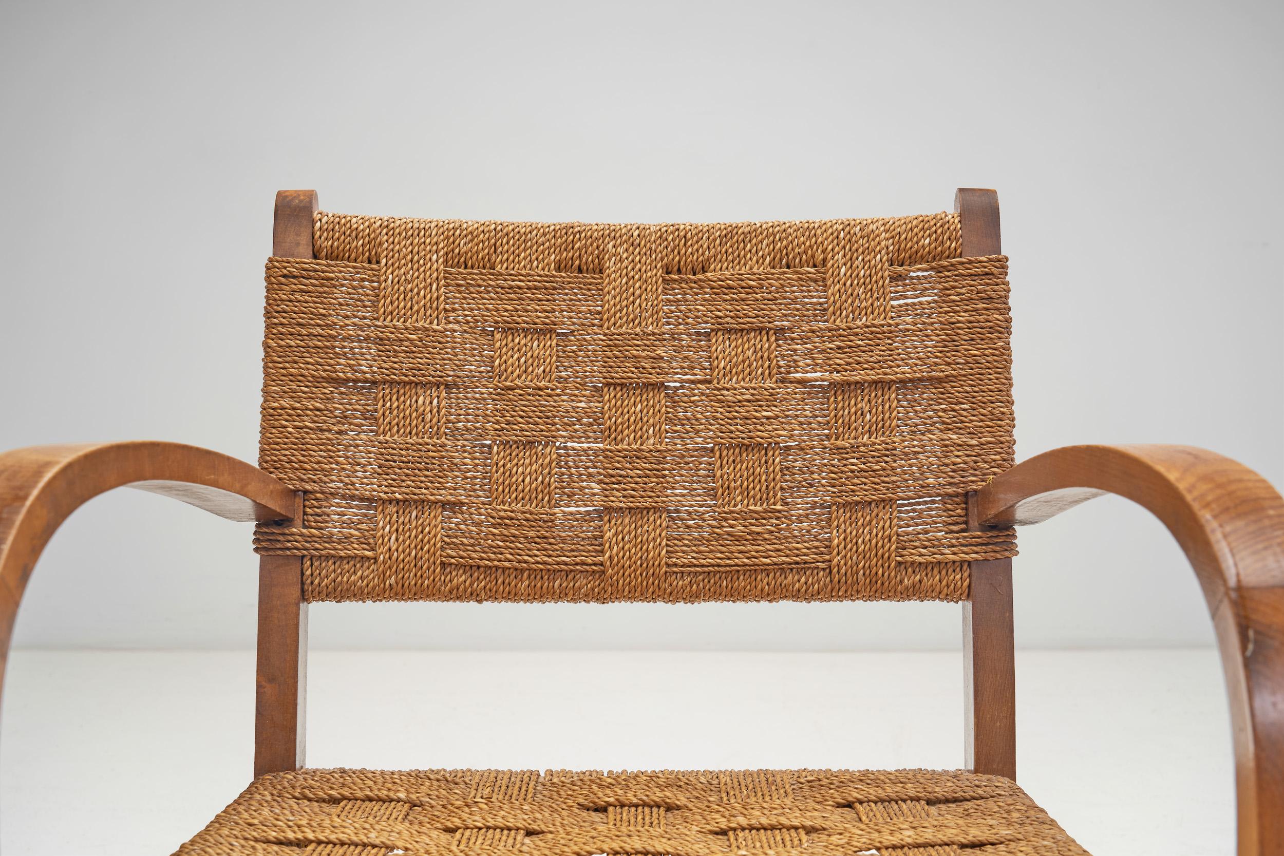 Solid Wood and Woven Papercord Armchair, Europe 1970s For Sale 4