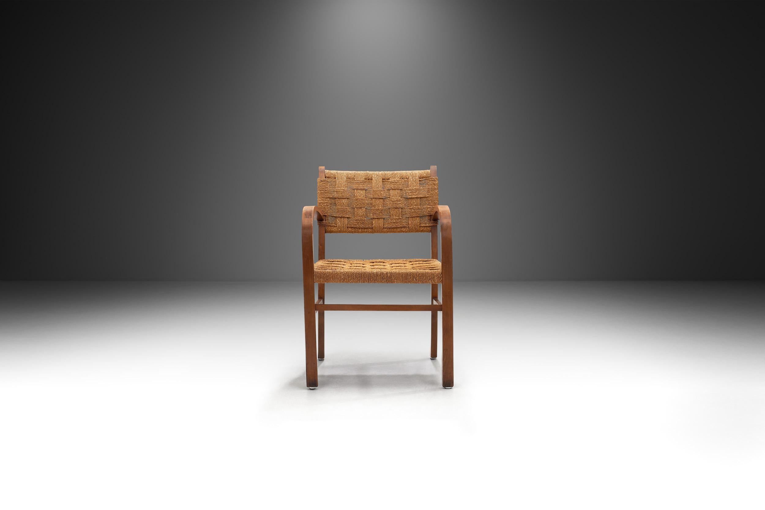 Modern Solid Wood and Woven Papercord Armchair, Europe 1970s For Sale