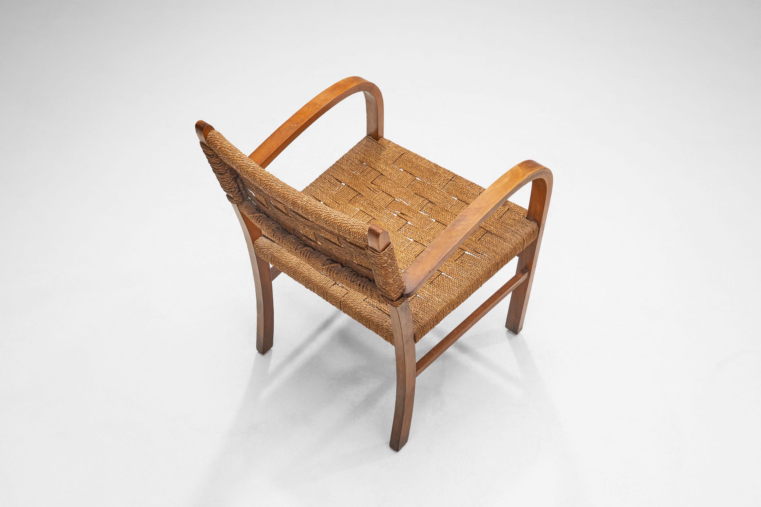 Late 20th Century Solid Wood and Woven Papercord Armchair, Europe 1970s For Sale