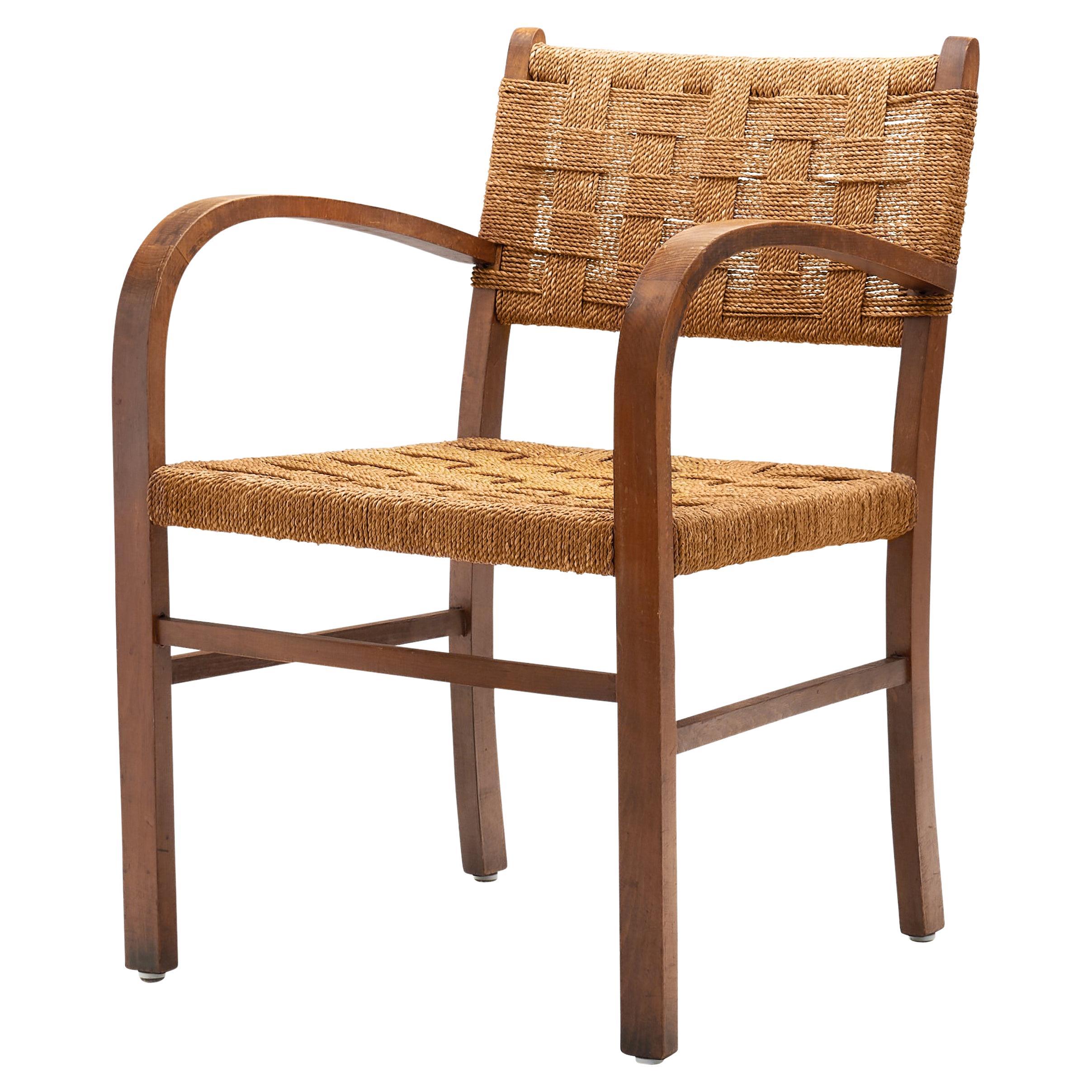 Solid Wood and Woven Papercord Armchair, Europe 1970s For Sale