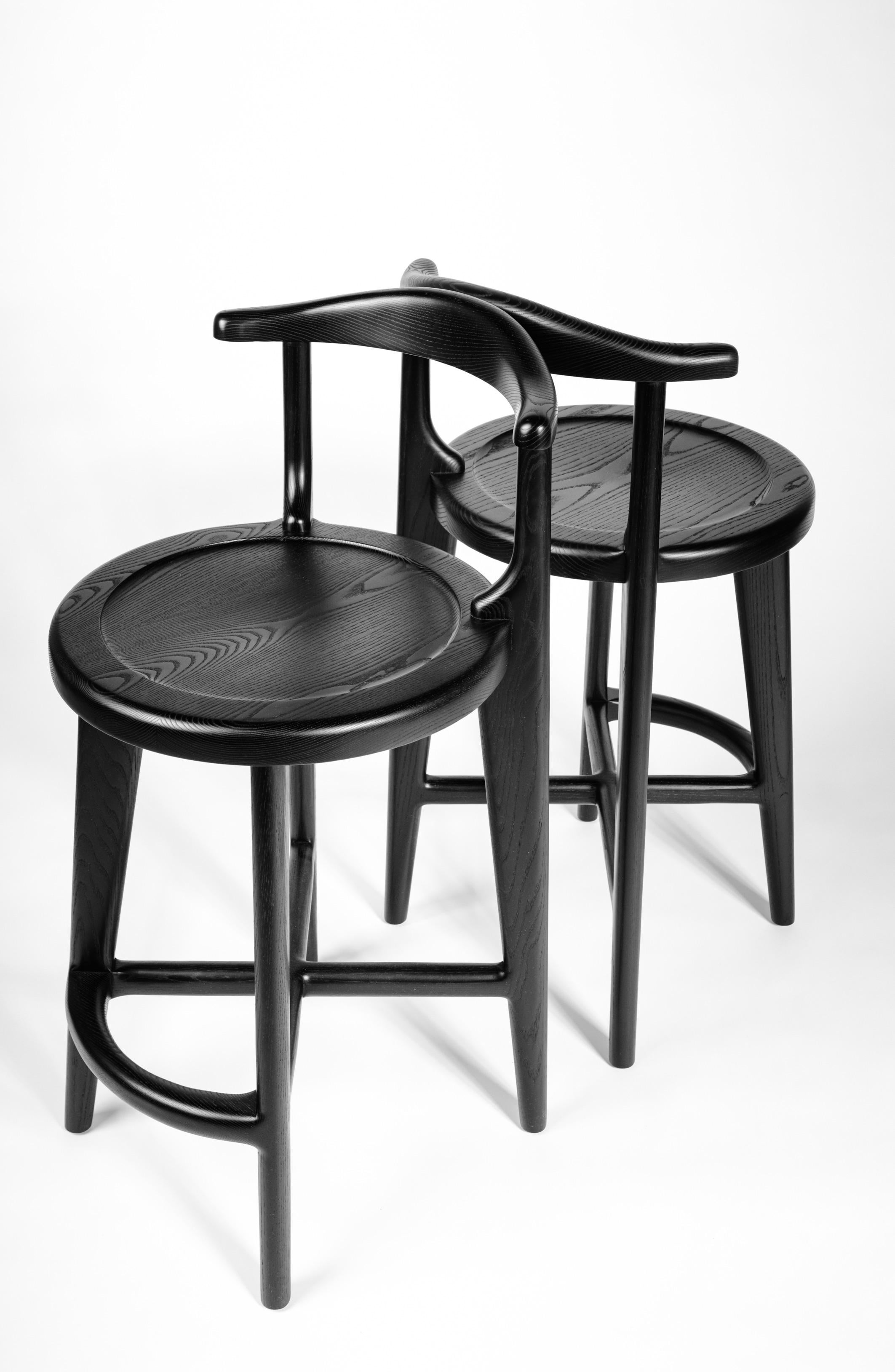 Turned Solid Wood Bar or Counter Stool, Blackened Ash For Sale