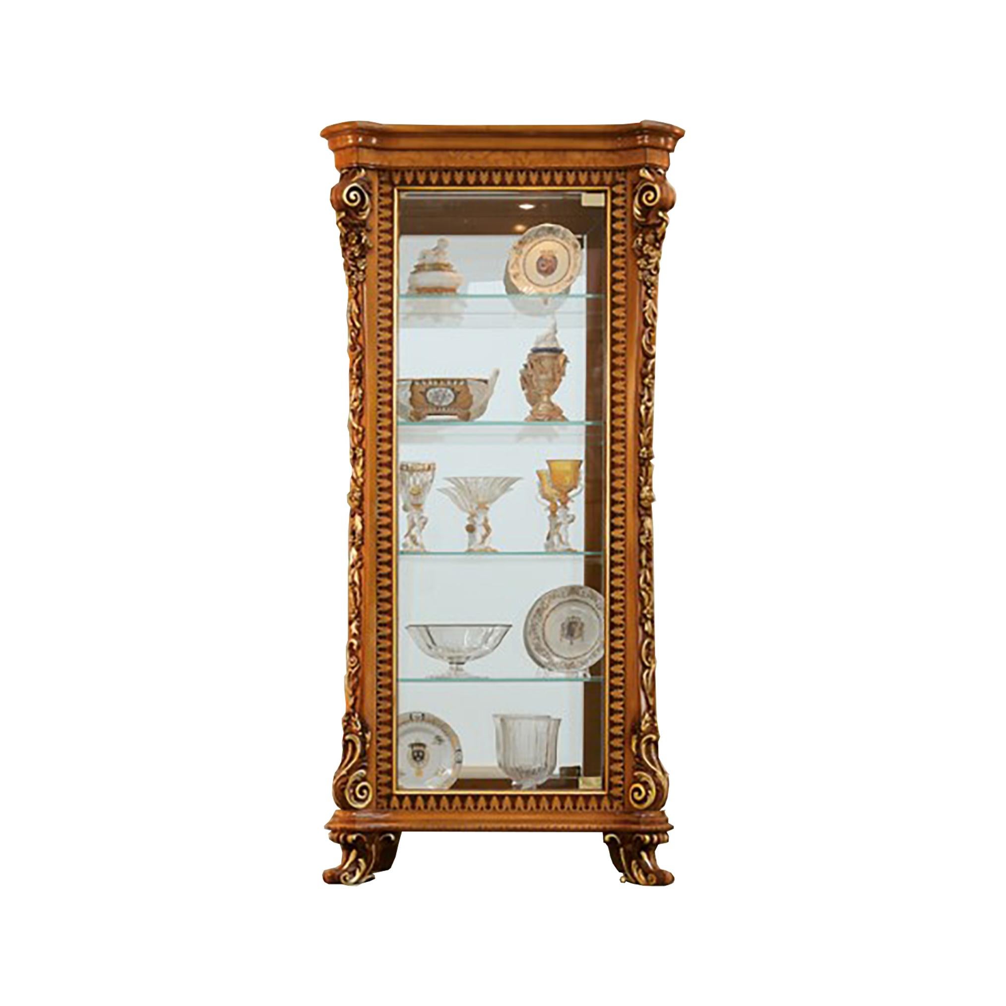 Solid Wood Baroque Side Vitrine in Natural Bright Finish and Gold Leaf Details In New Condition For Sale In PADOVA, Italy