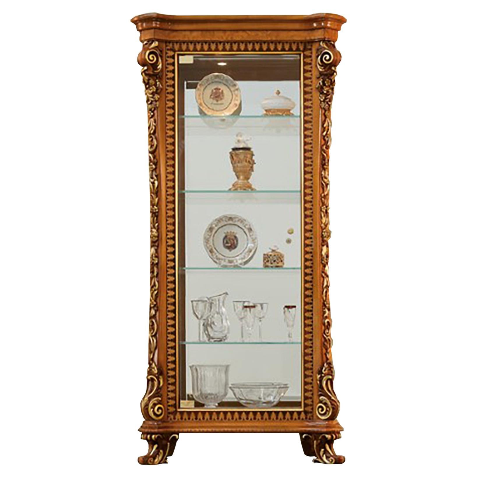 Solid Wood Baroque Side Vitrine in Natural Bright Finish and Gold Leaf Details For Sale