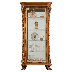 Solid Wood Baroque Side Vitrine in Natural Bright Finish and Gold Leaf Details