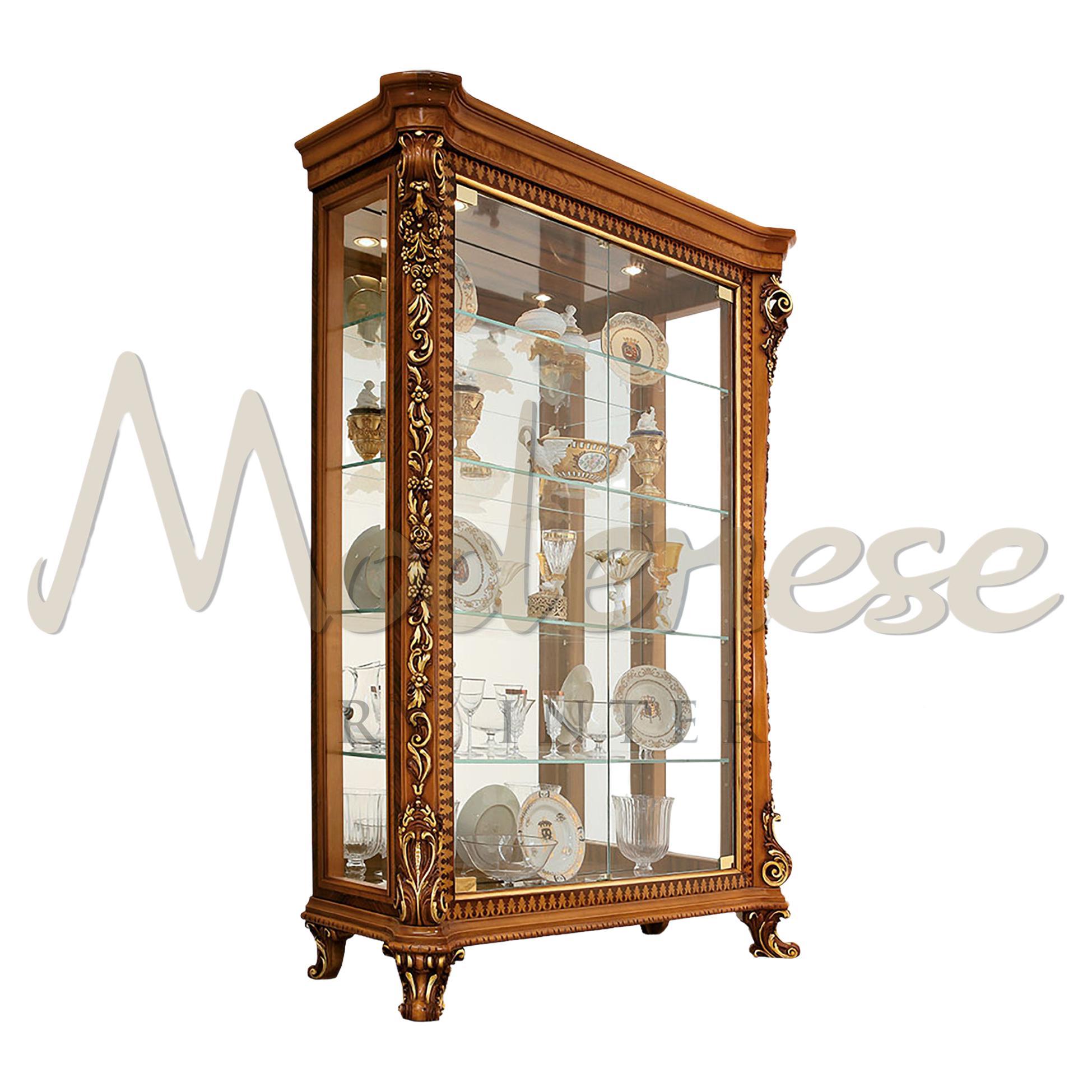 Modenese Luxury Interiors is proud to promote his production and design services by showing you this wondeful baroque vitrine for dining rooms. 
Its wide surfaces are ideal for big house areas and dining atmoshperes, where the light for chandeliers
