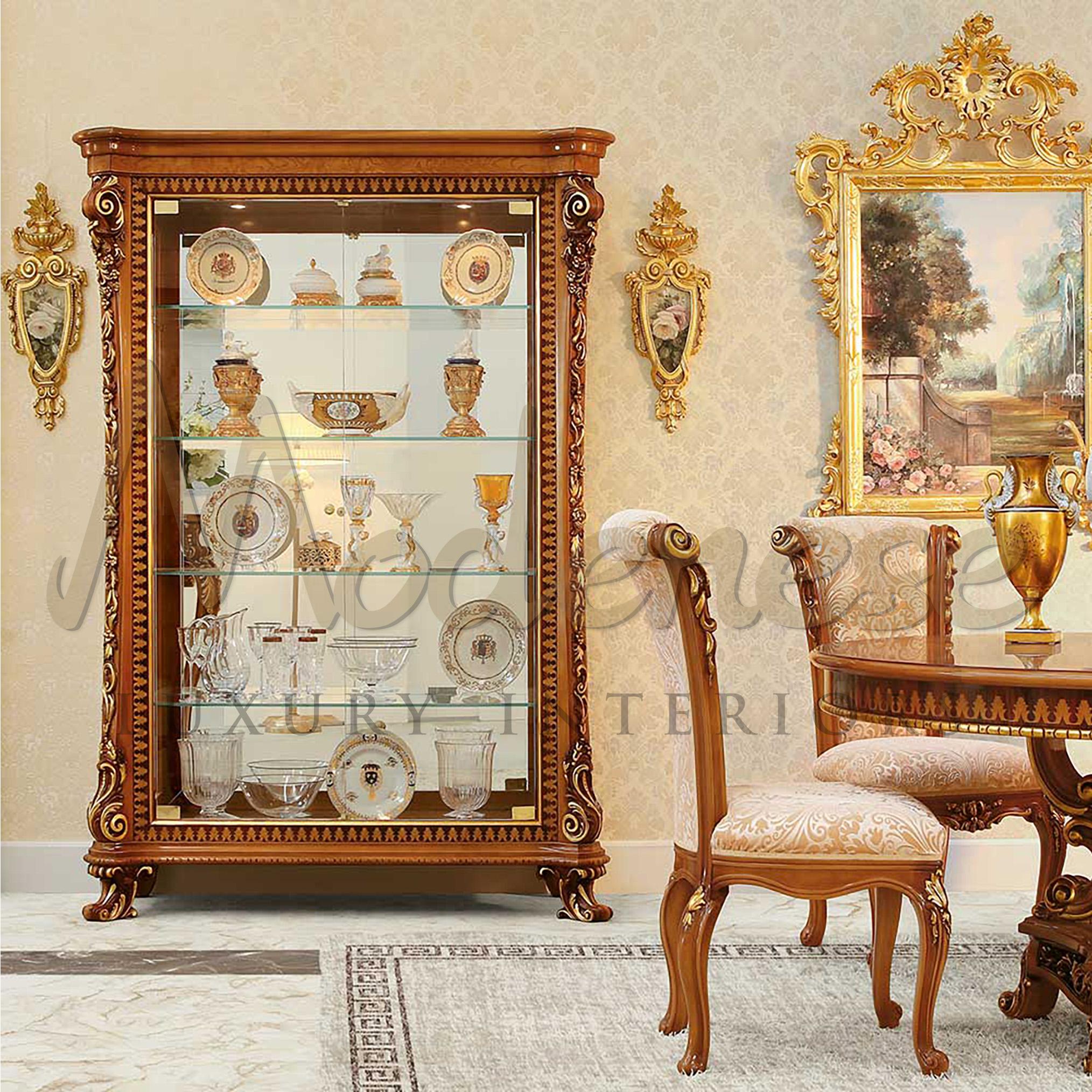 Italian Solid Wood Baroque Vitrine in Natural Bright Finish and Gold Leaf Details For Sale