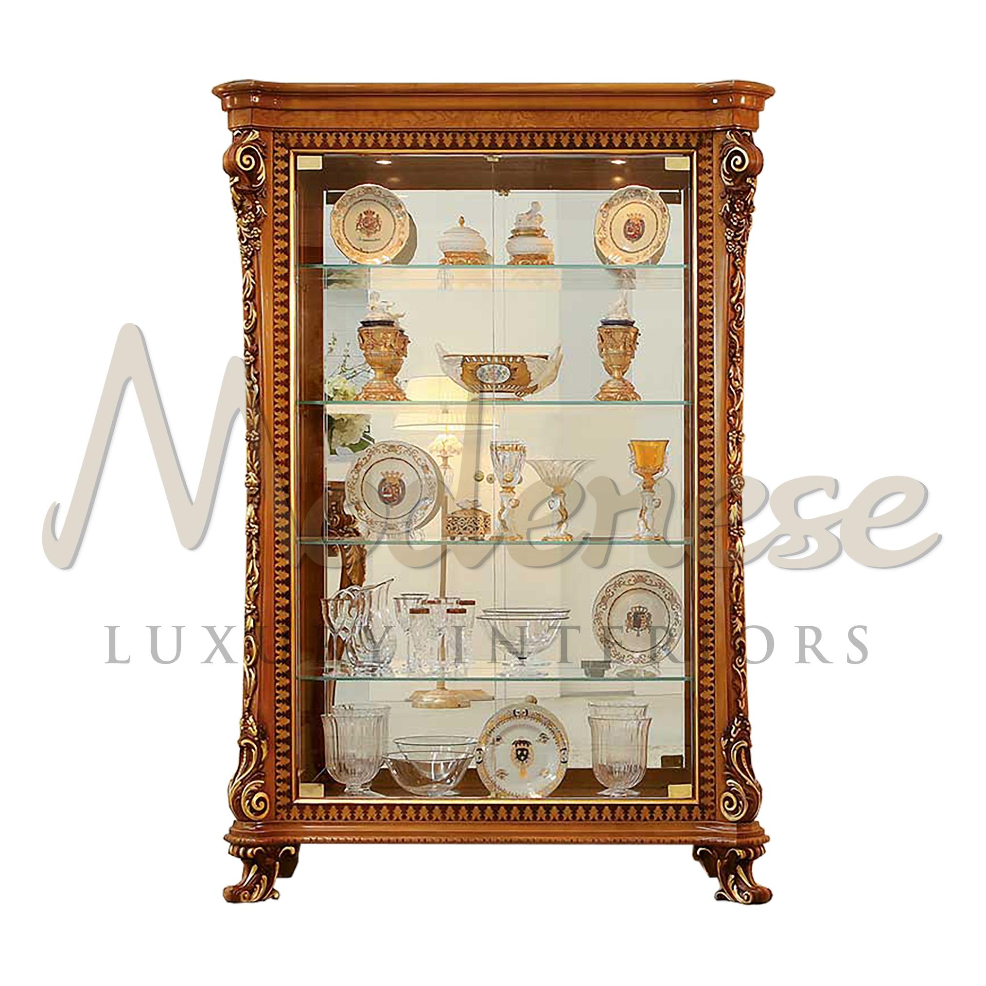 Hand-Painted Solid Wood Baroque Vitrine in Natural Bright Finish and Gold Leaf Details For Sale