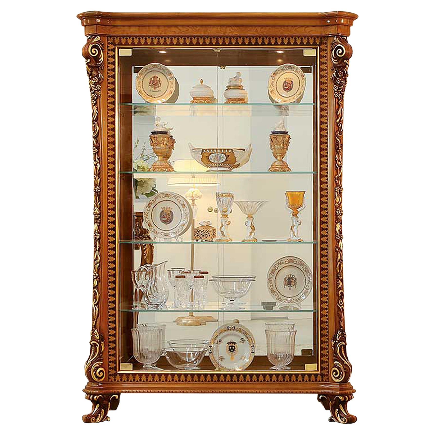 Solid Wood Baroque Vitrine in Natural Bright Finish and Gold Leaf Details For Sale