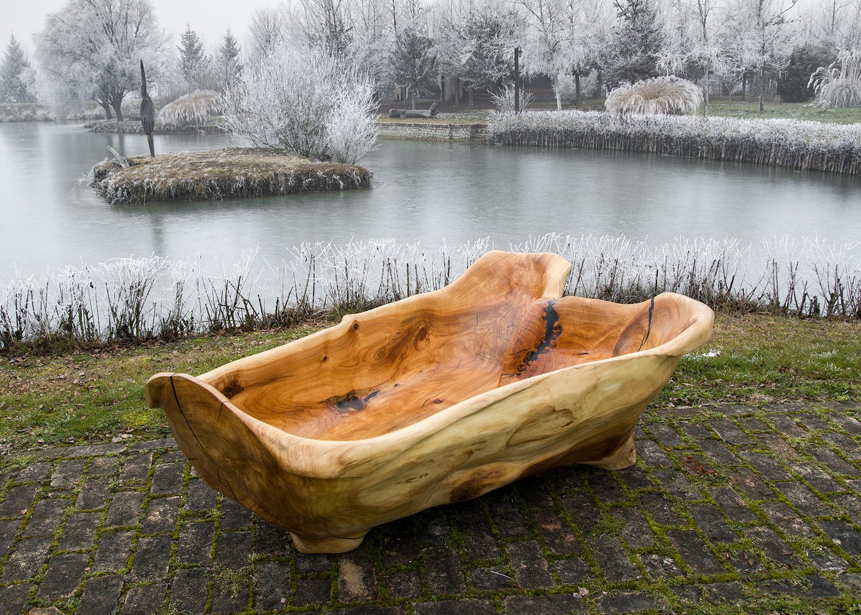 Solid Wood Bathtub Carved from Single Piece of Wood, Fully functional, Logniture For Sale 8