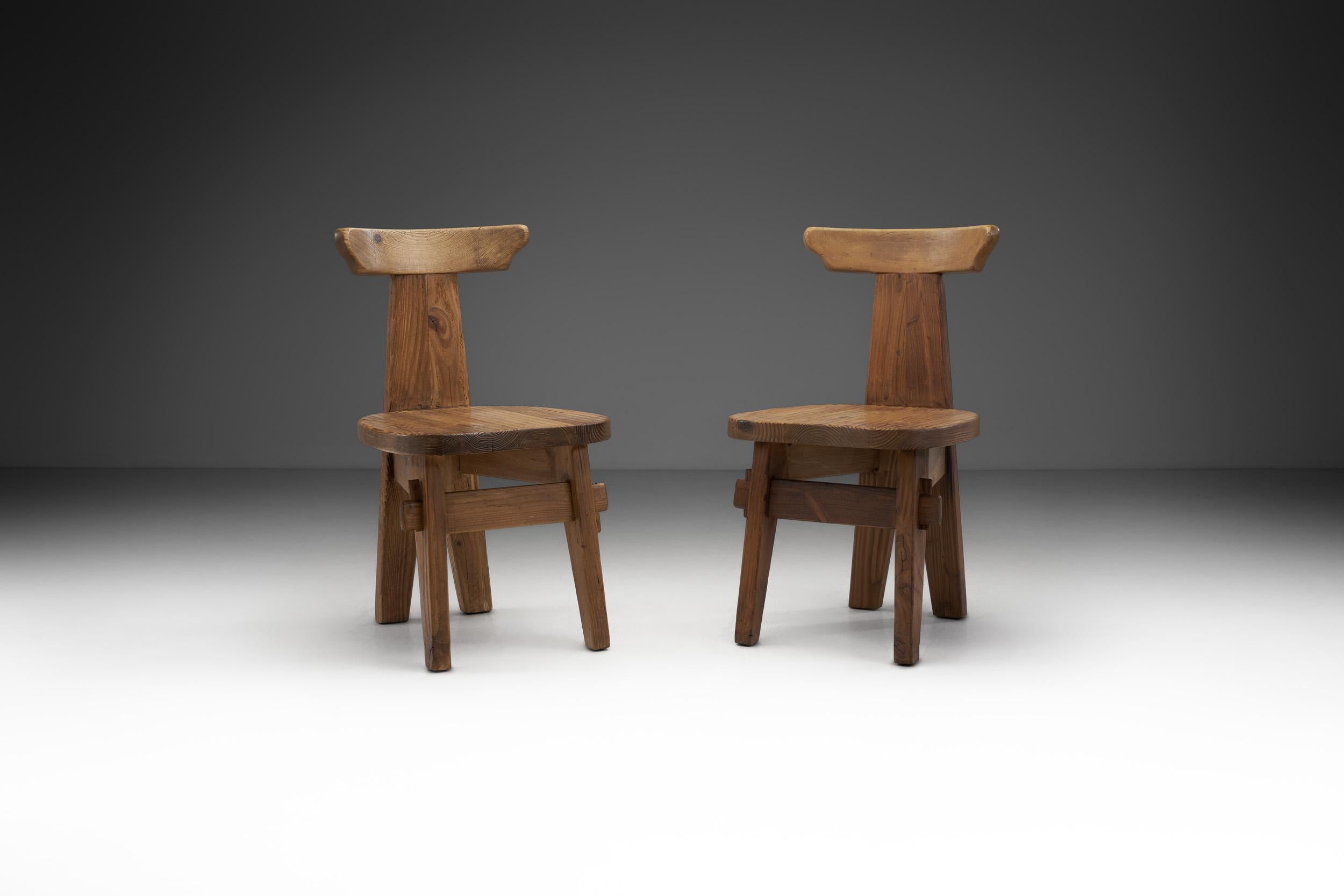 European Solid Wood Brutalist Chairs with Mortise and Tenon Joinery, Europe, circa 1960s