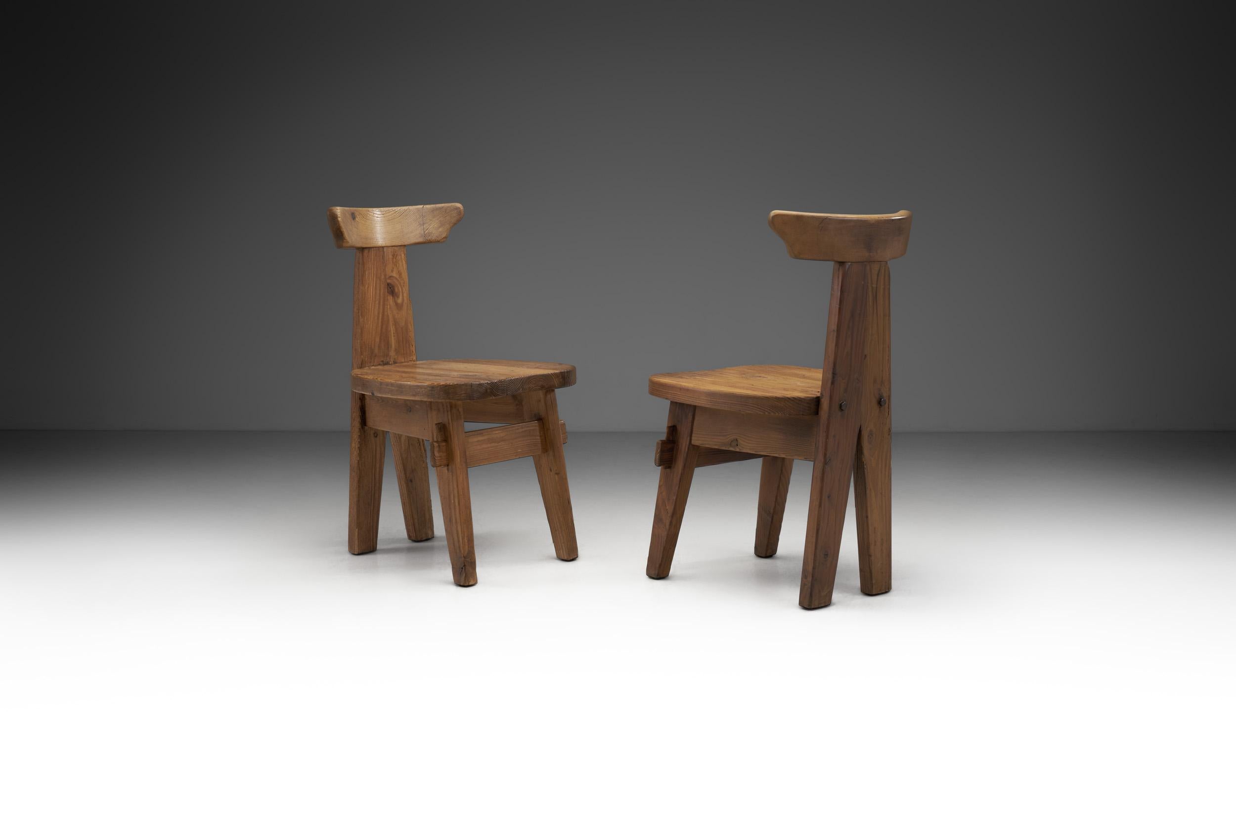 Solid Wood Brutalist Chairs with Mortise and Tenon Joinery, Europe, circa 1960s In Good Condition In Utrecht, NL