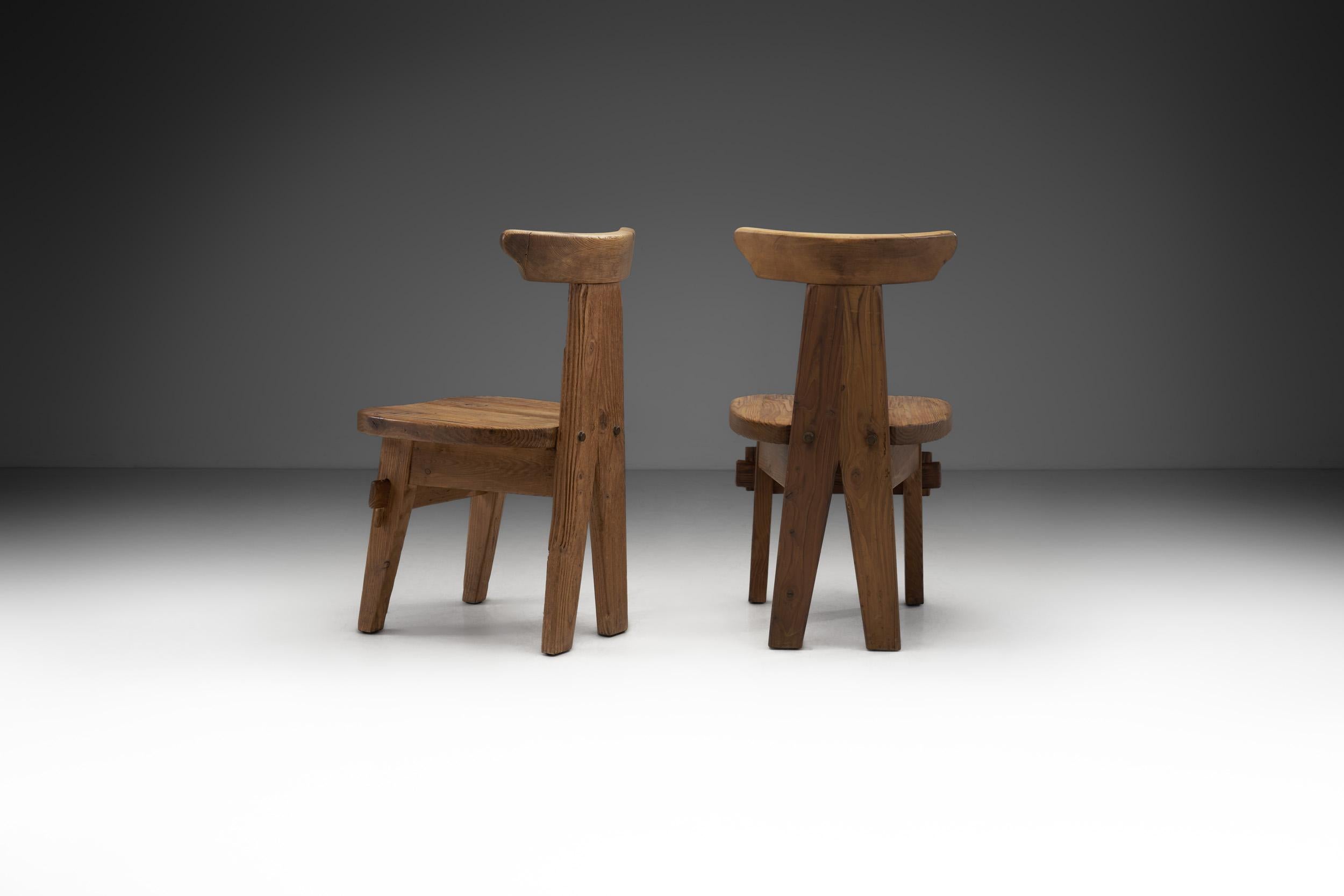 Mid-20th Century Solid Wood Brutalist Chairs with Mortise and Tenon Joinery, Europe, circa 1960s