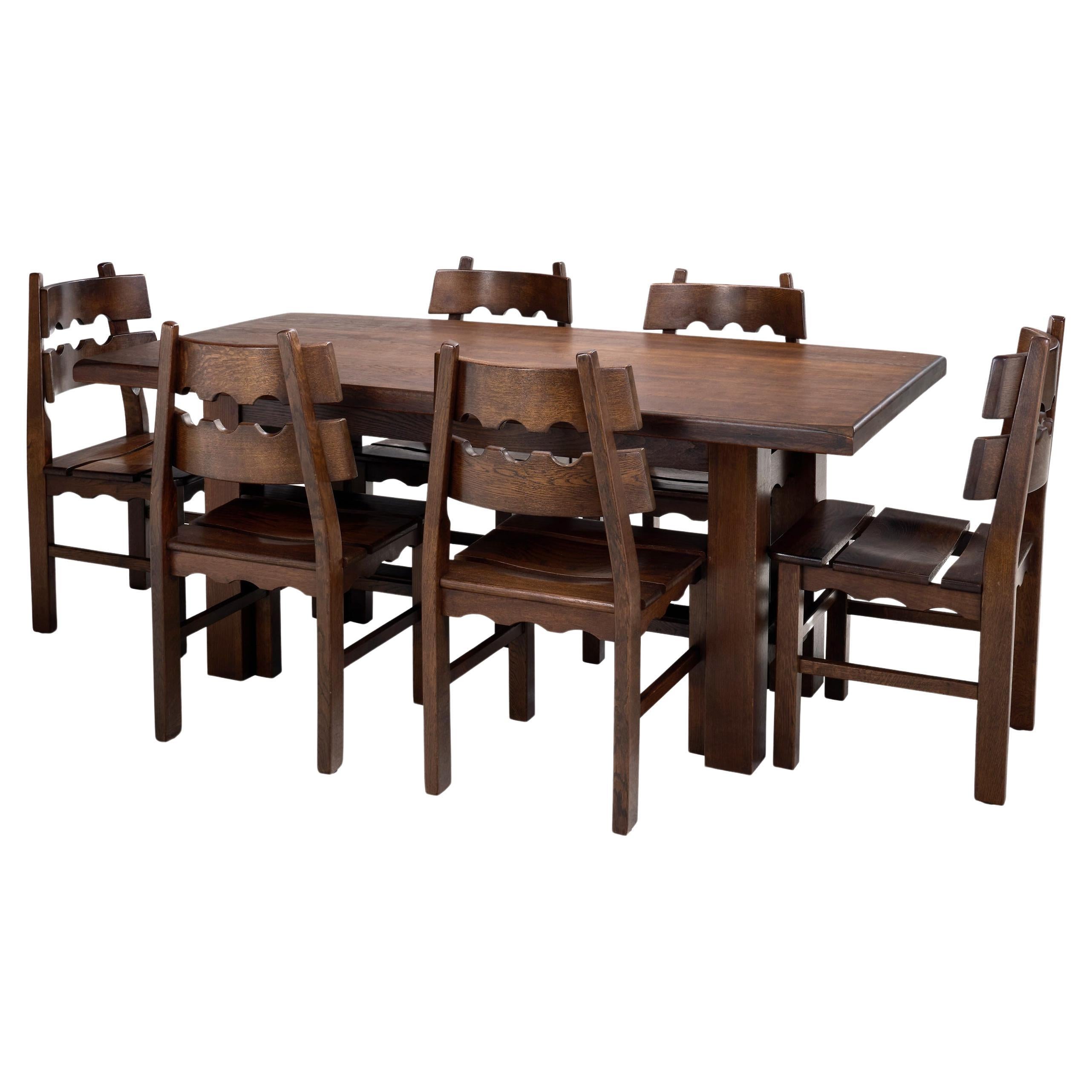 Solid Wood Brutalist Dining Set, Europe 20th century