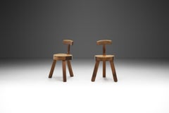 Solid Wood Brutalist Low Chairs, France 1960s