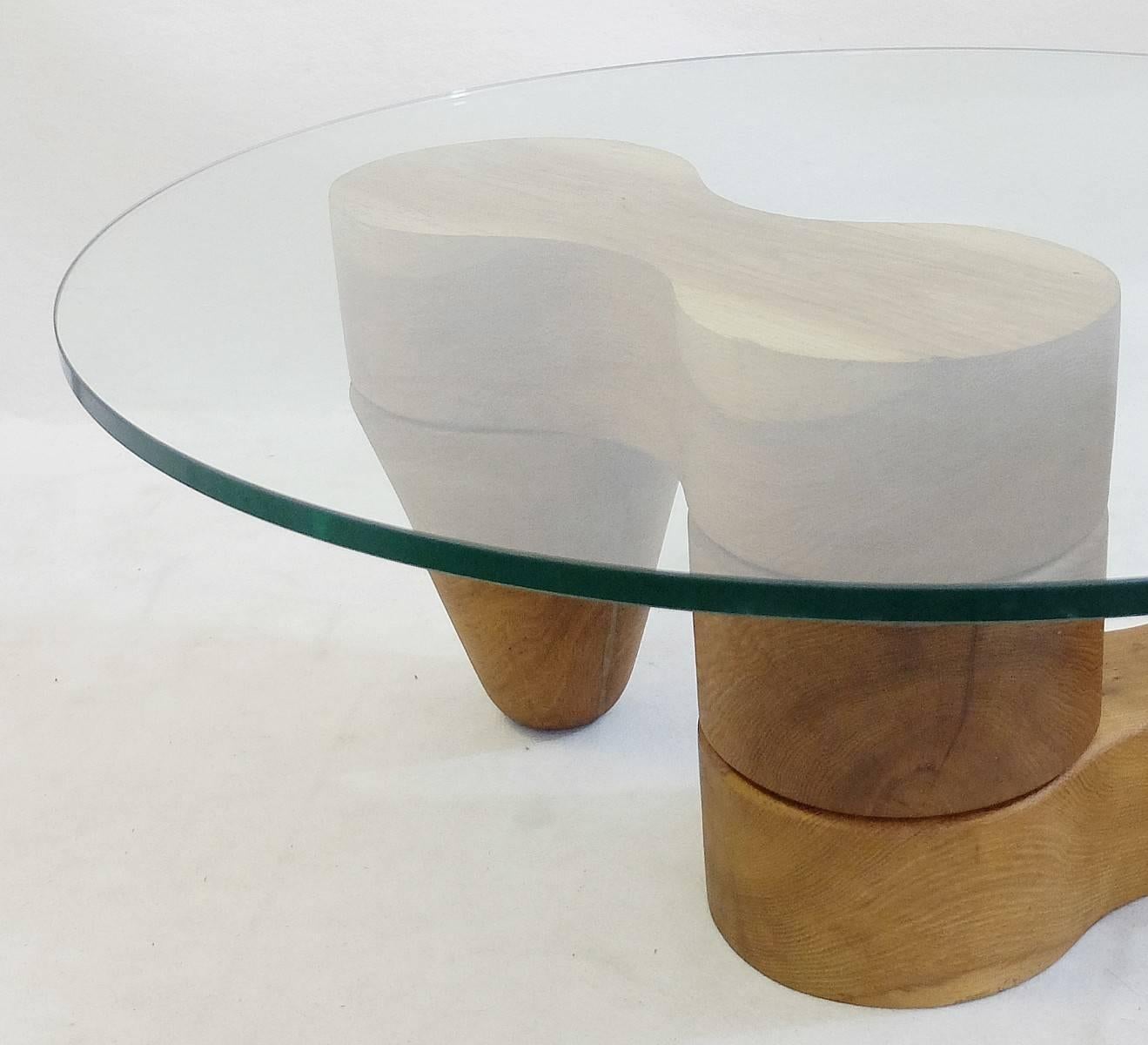 Mid-Century Modern Solid Wood Coffee Table with Glass Round Top, Mid-20th Century