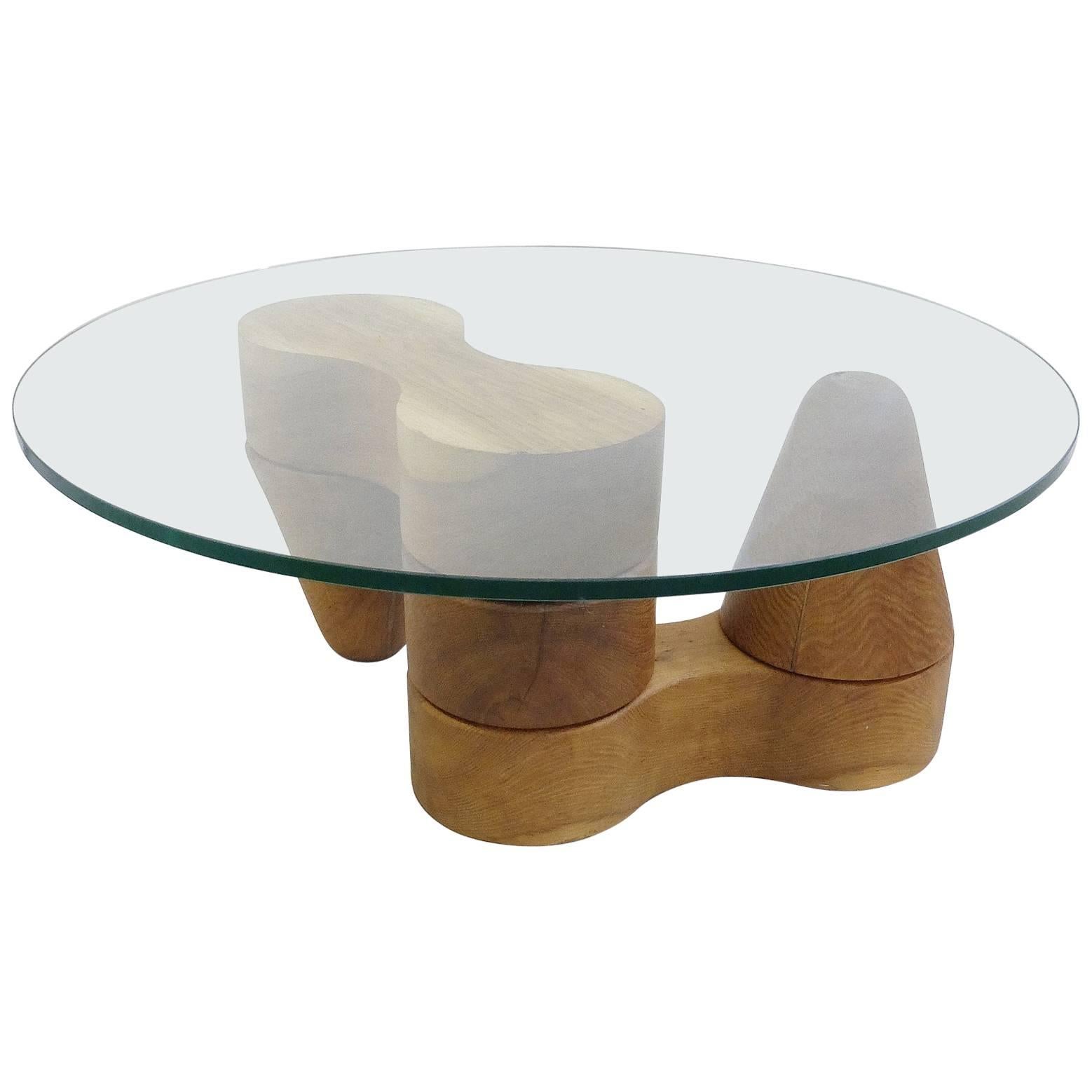 Solid Wood Coffee Table with Glass Round Top, Mid-20th Century