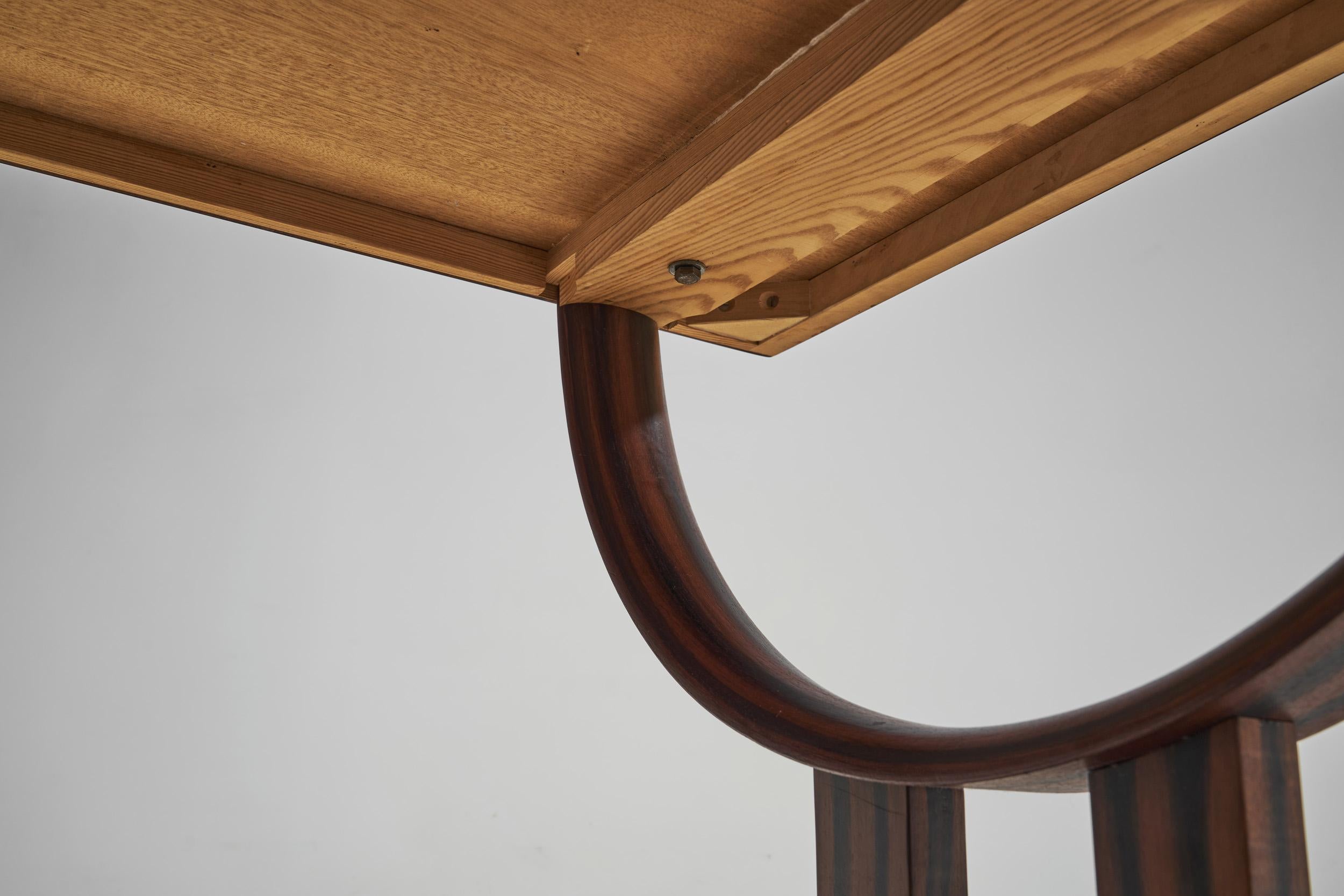 Solid Wood Table with Circular Trestle Base, Scandinavia, 1970s For Sale 7