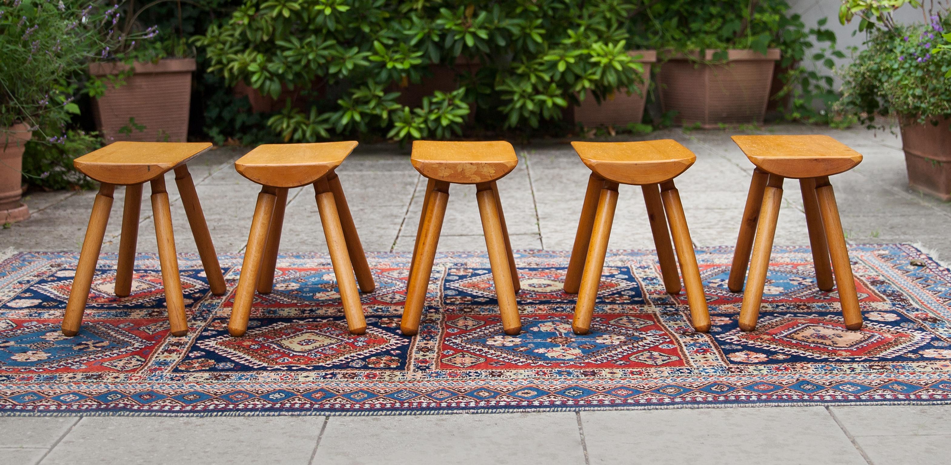 Mid-Century Modern Solid Wood French Stool Perriand Style Set of 5 For Sale