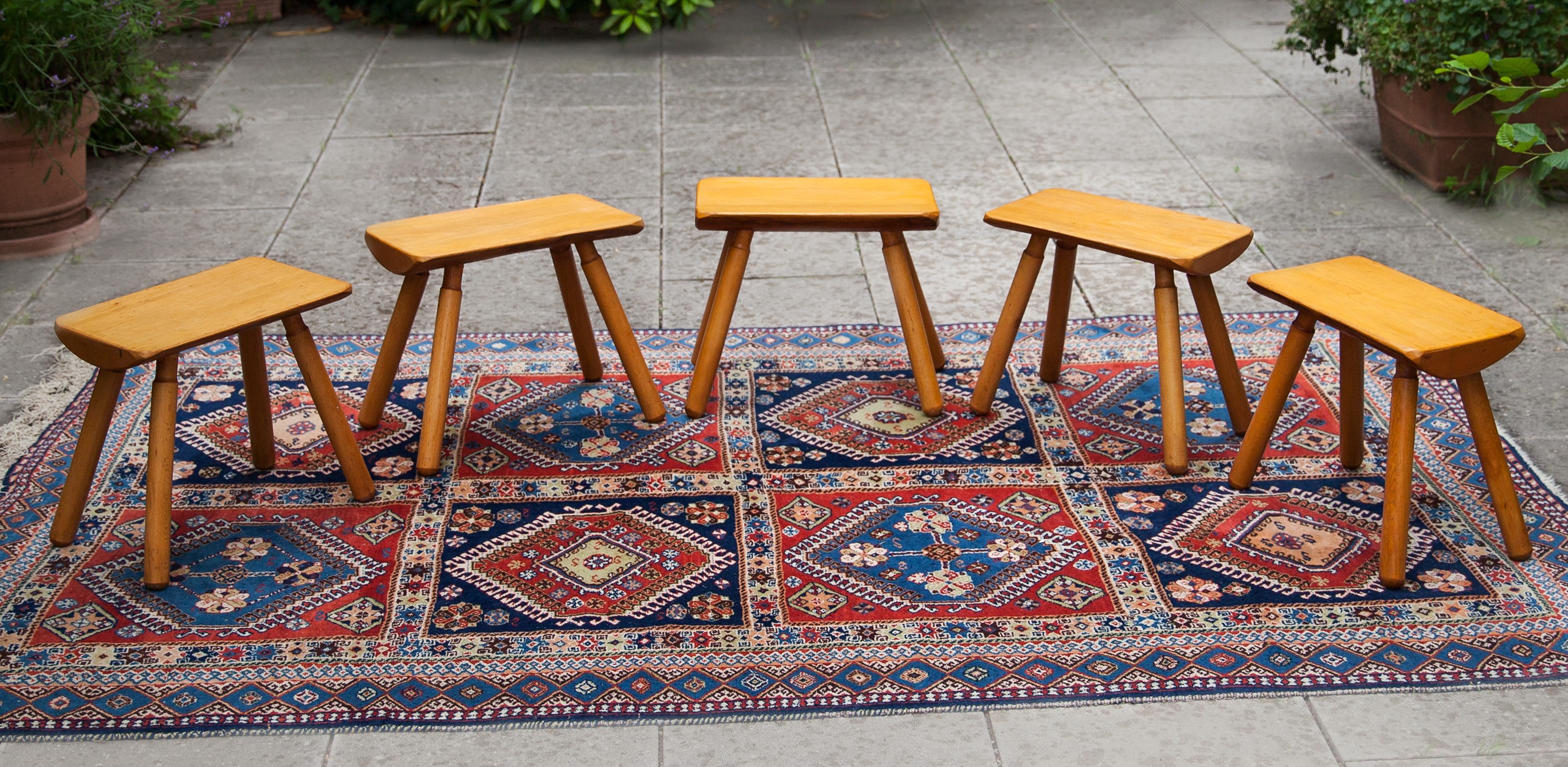 Solid Wood French Stool Perriand Style Set of 5 In Good Condition For Sale In Munich, DE