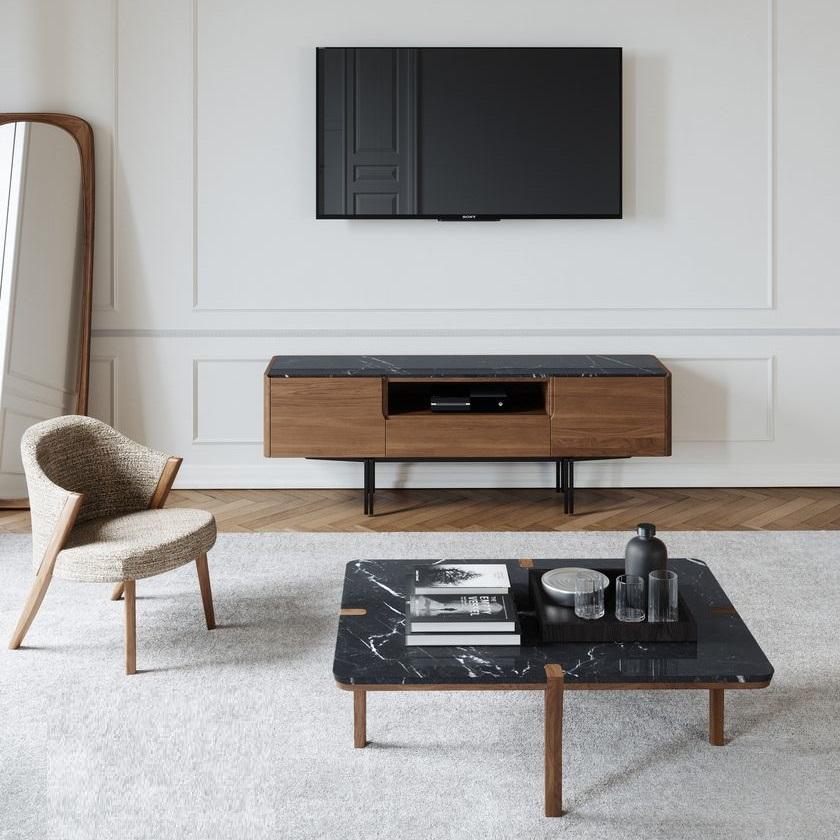 Metallo Mobile multimediale in Wood con piano in marmo e gambe in ferro in vendita