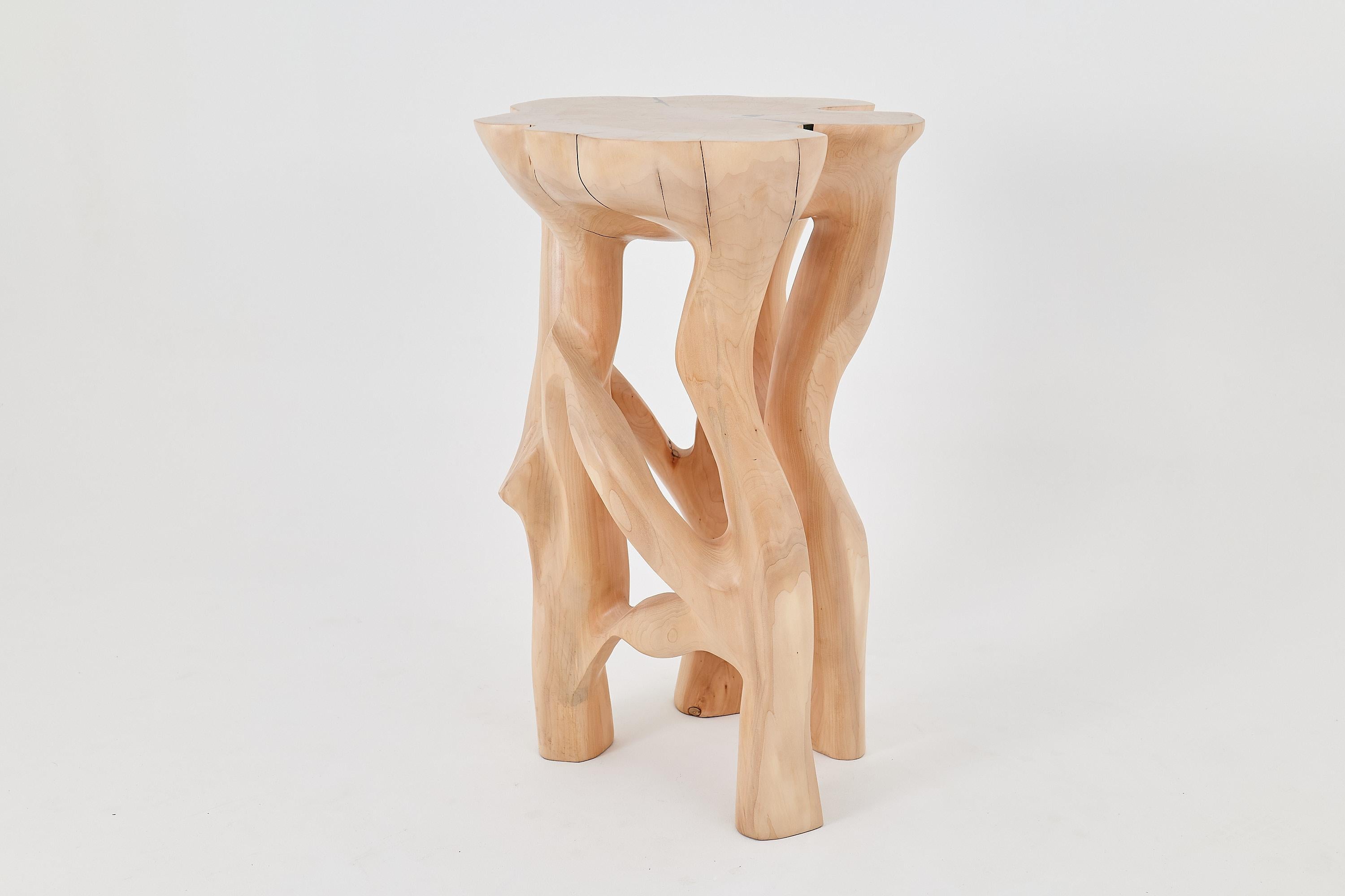 Esta escultural mesa auxiliar es una obra de arte funcional única en su género, tallada totalmente a mano a partir de un único tronco de madera dura. Levantada sobre cuatro patas entrelazadas, su forma recuerda las raíces ramificadas o el esqueleto