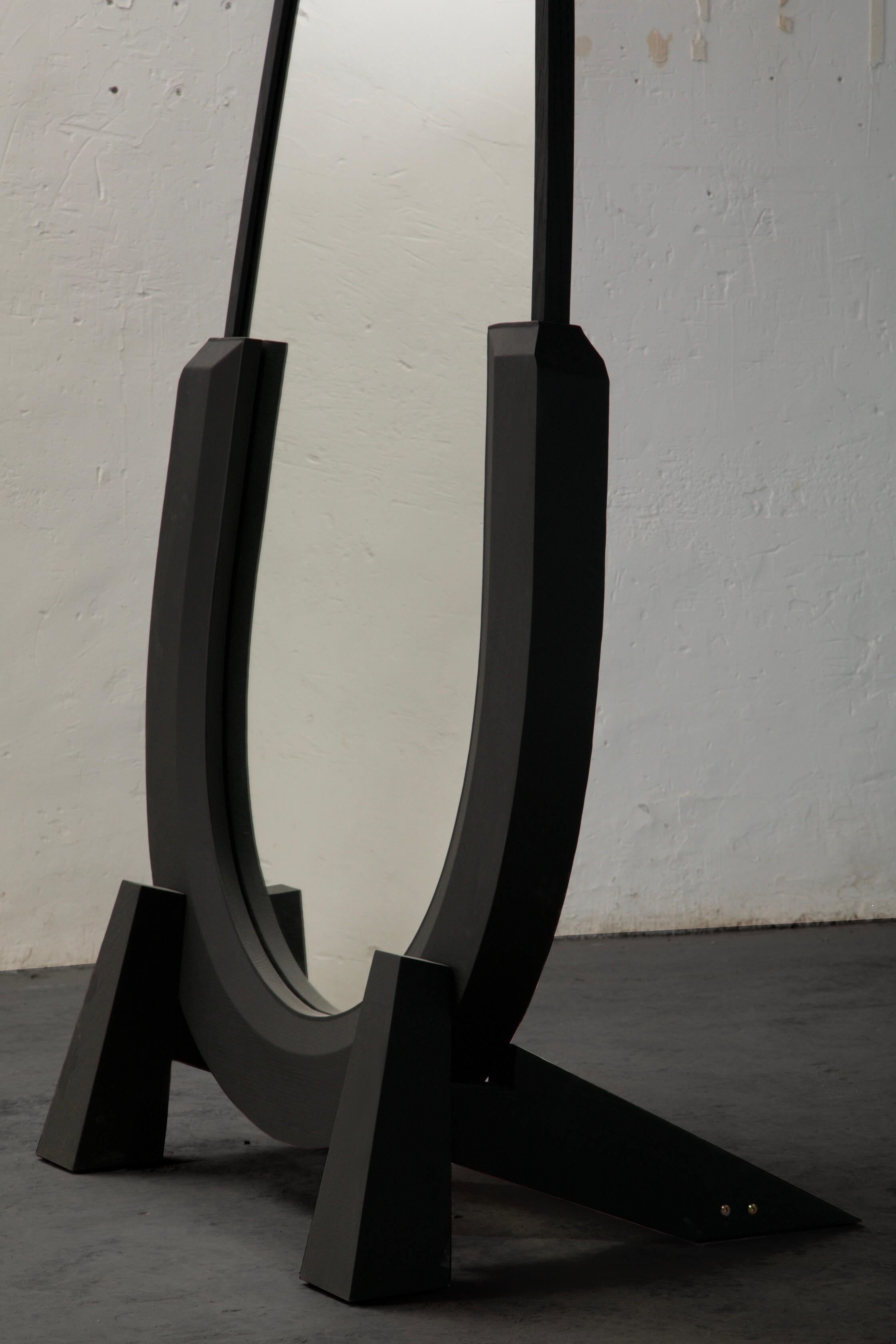 Brutalist Solid Wood Sculptural Sense Horseshoe Modeling Carbonized Full Body Mirror For Sale