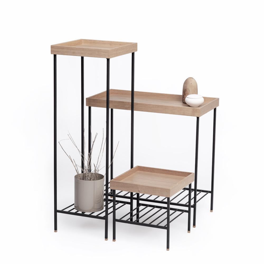 Il moderno ed elegante set di tavolini e porta piante in rovere massiccio della Serie EDGE è una collezione di mobili unica che offre soluzioni versatili per gli spazi abitativi contemporanei. Modellato dalla prospettiva moderna dei designer di