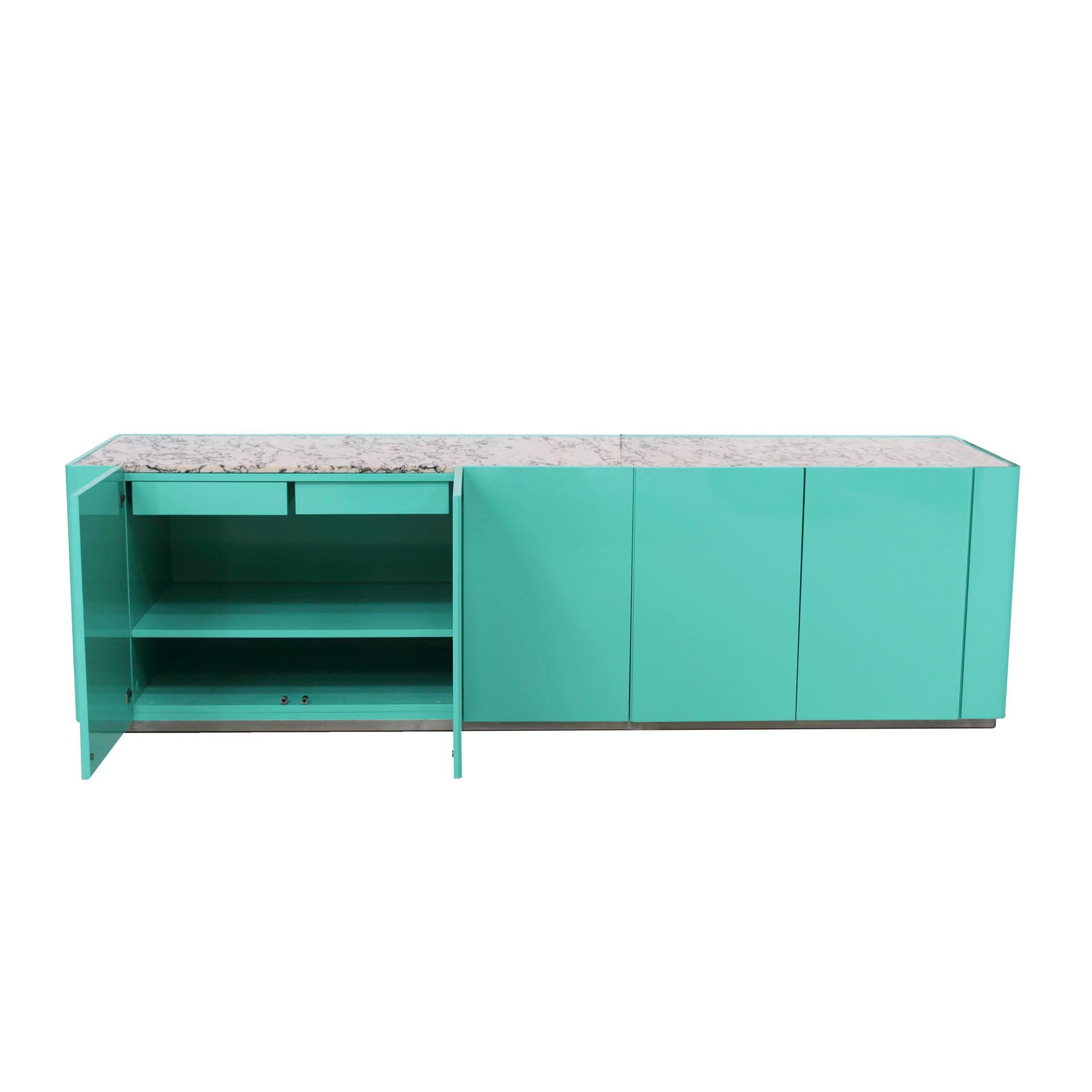 Sideboard designed by L.A. Studio. Original structure from the 70s made of solid wood and later lacquered in high gloss. Top in calacatta viola marble and base in steel plate. Composed of 4 hinged doors and drawers of different sizes in the inside.