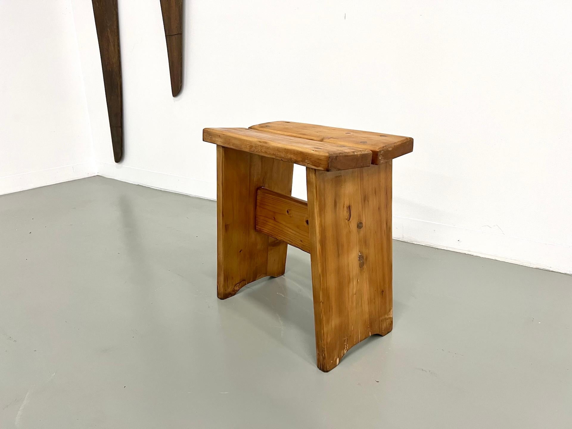 Pine Solid wood stool, crafted in the 1950s-70s, in the style of Charlotte Perriand. For Sale