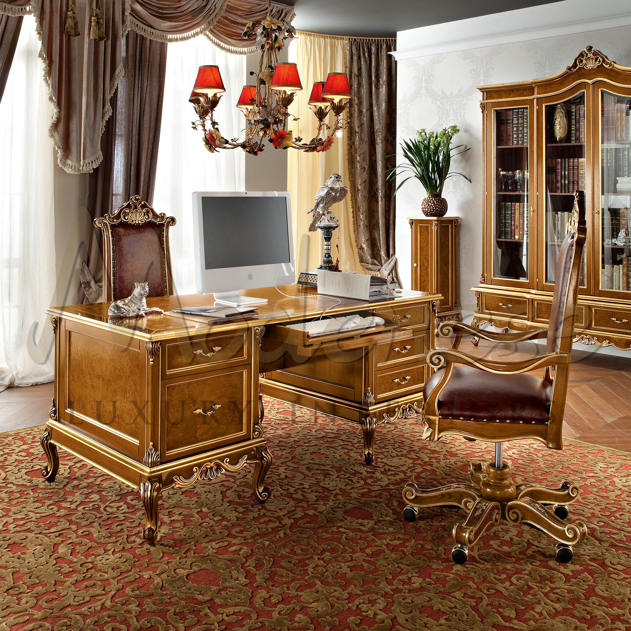 Decorate your CEO office with a high-end Italian baroque open desk from the artisanal producer Modenese Luxury Interiors. This solid wood presidential desk features a keybord tray with hinged flap, five spacious drawers with Blumotion soft-closing