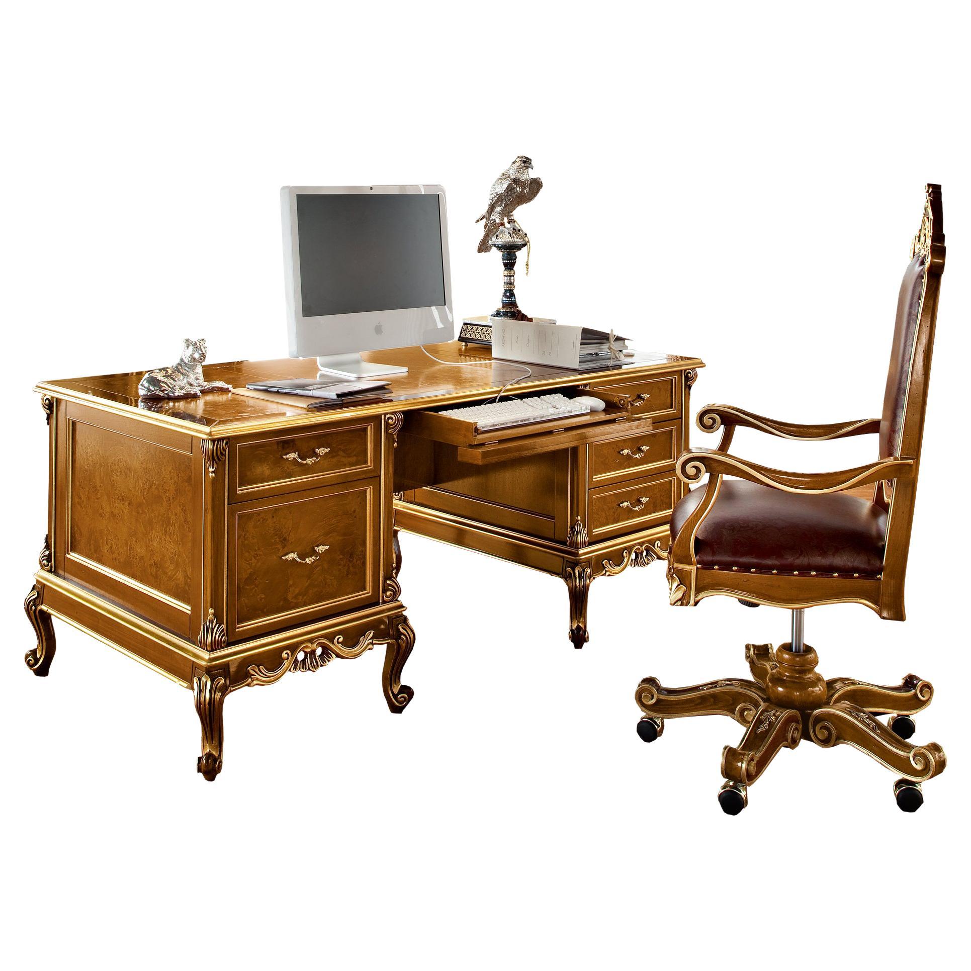 Solid Wood Veneer Office Desk with Cabinets and Curved Legs by Modenese For Sale