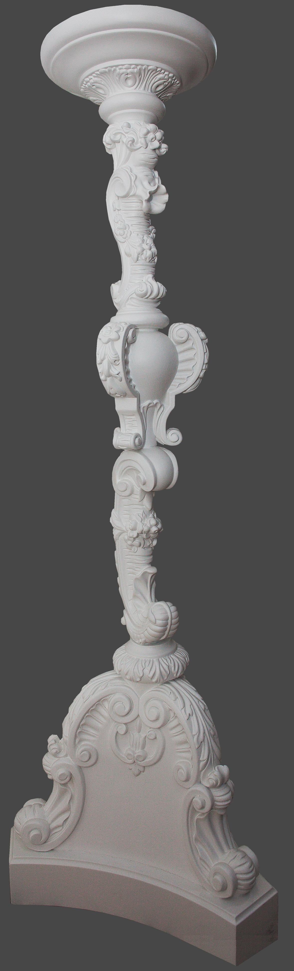 Solid Wood White High Pedestal in Baroque Revival Style, Hand Carved 
