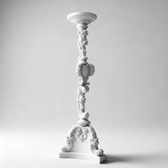 Solid Wood White High Pedestal in Baroque Revival Style, Hand Carved