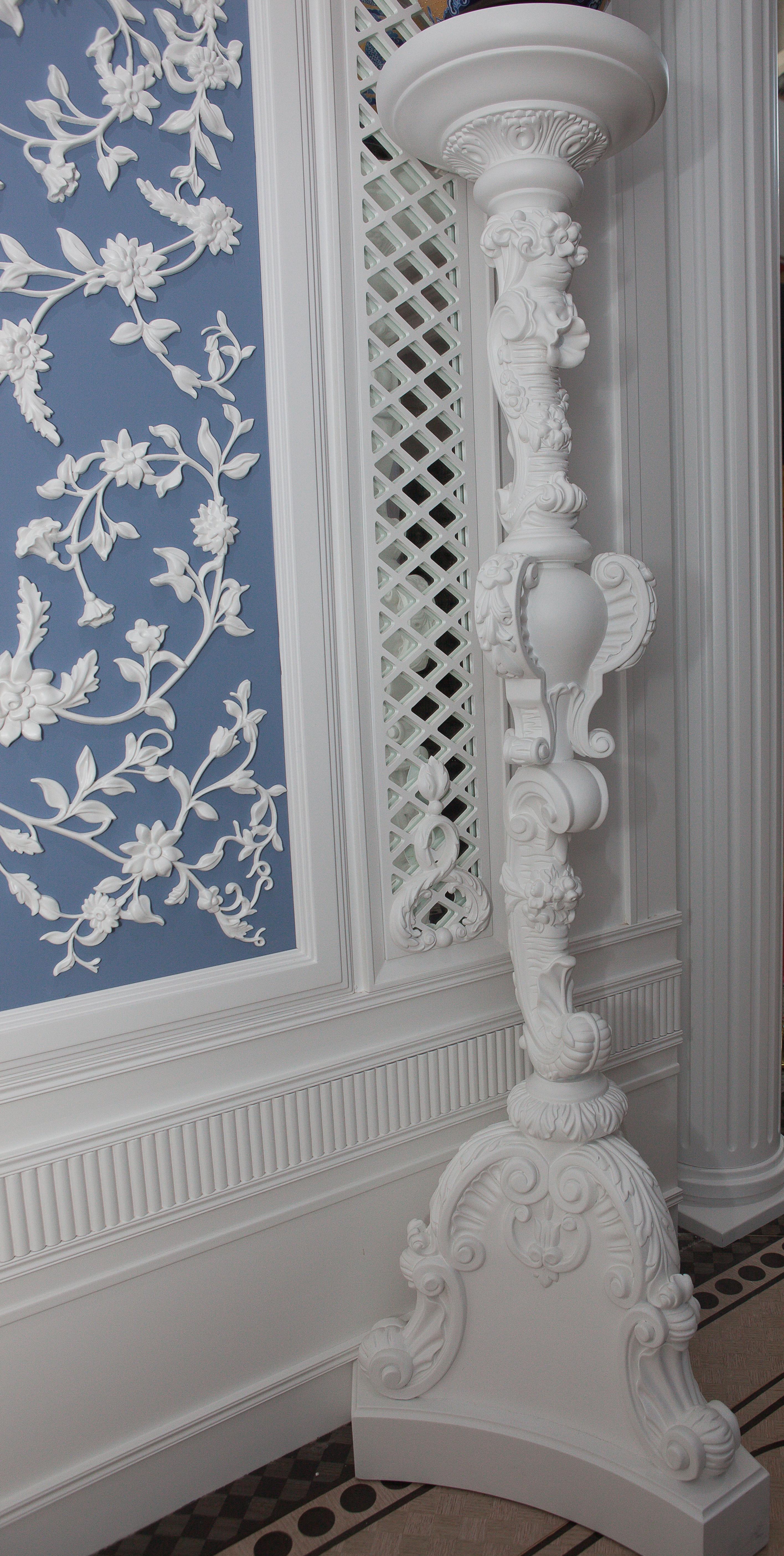 Contemporary Solid Wood White High Pedestal in Baroque Revival Style, Hand Carved For Sale