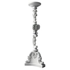 Solid Wood White High Pedestal in Baroque Revival Style, Hand Carved