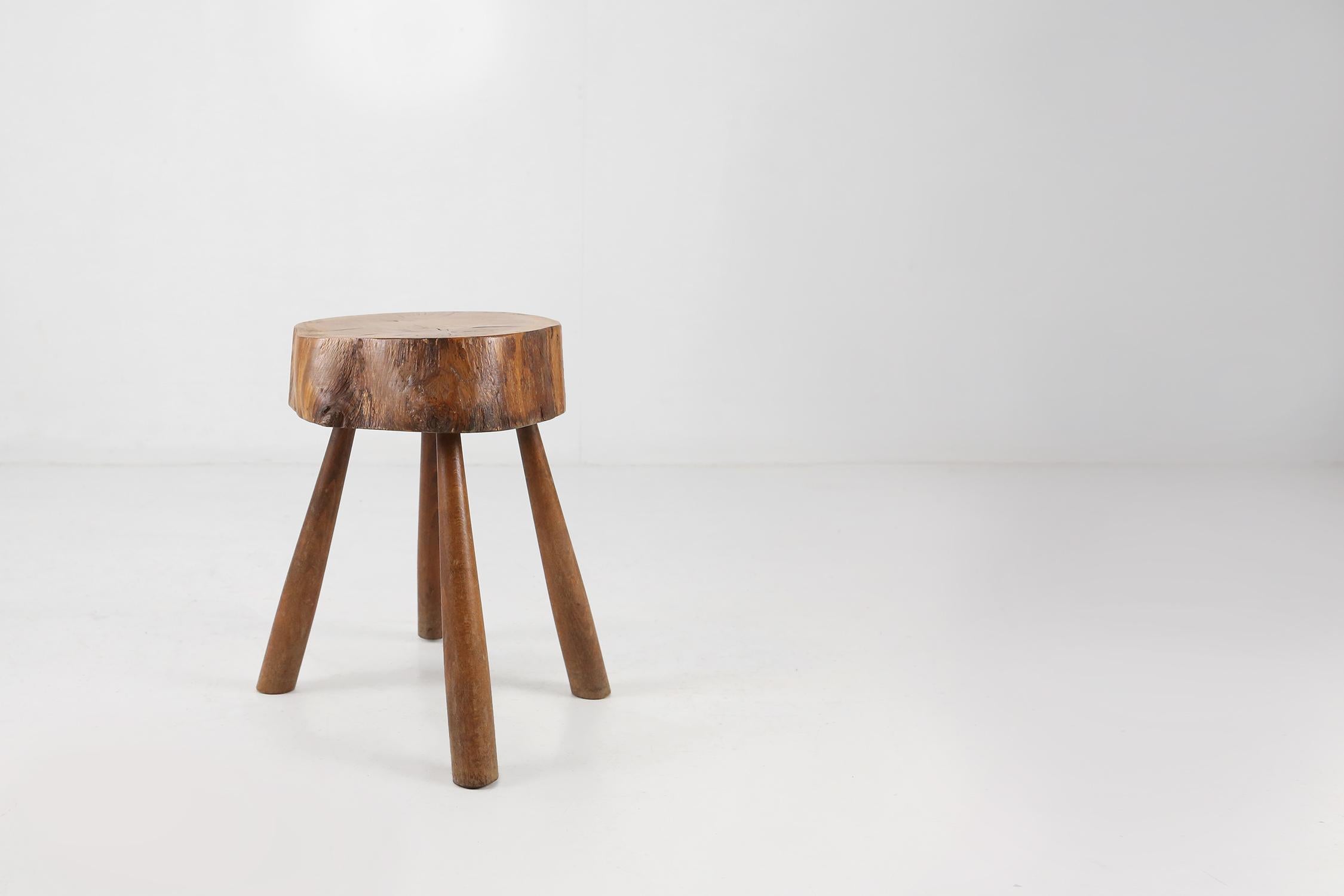 French Solid Wooden Rustic Stool, 1920's