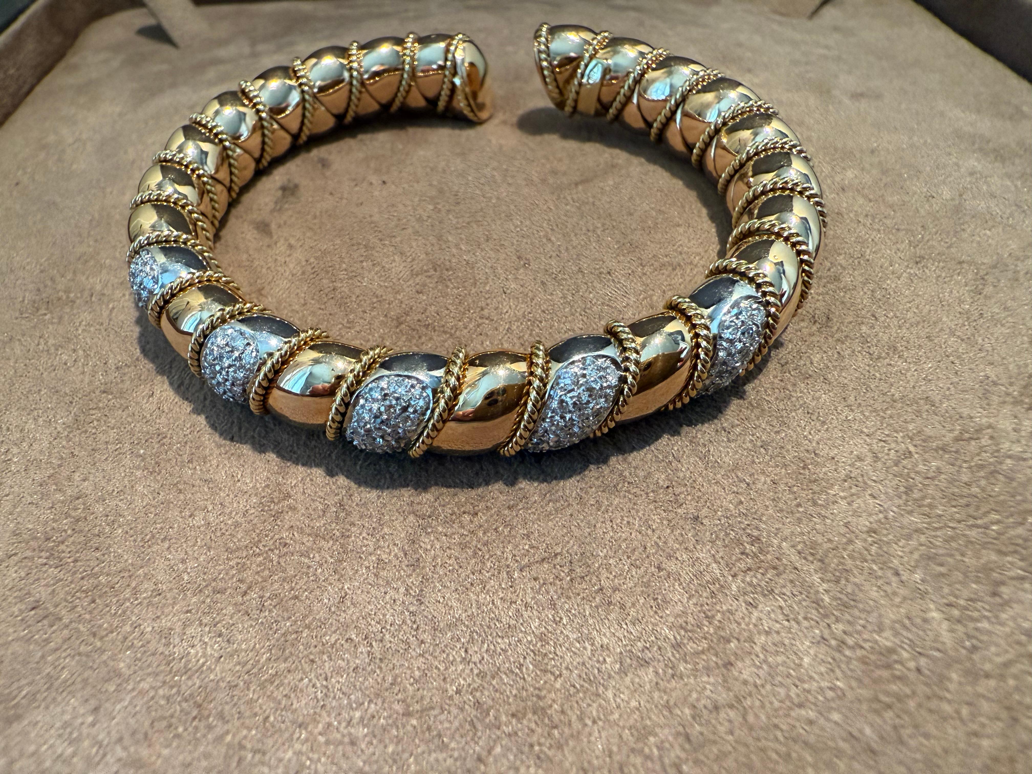 Solid 18 K yellow and White Gold Cuff Diamond Bracelet Bangle For Sale 2