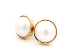 Solid Yellow Gold 14.7mm Mabe Pearl Button Clip On Earrings